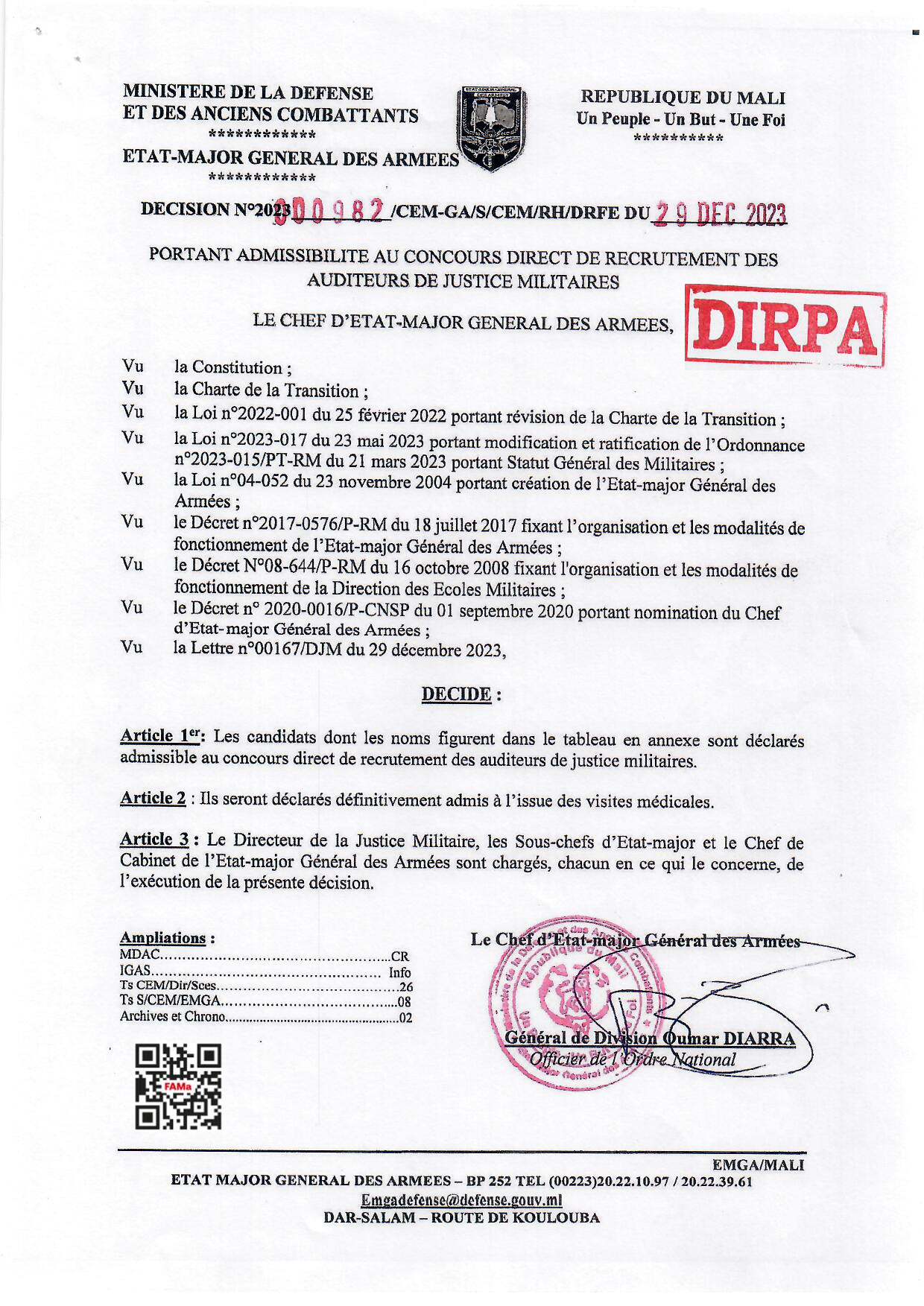  RESULTAT D'ADMISSIBILITE AU CONCOURS DIRECT DE RECRUTEMENT DES AUDITEURS DE JUSTICE MILITAIRES