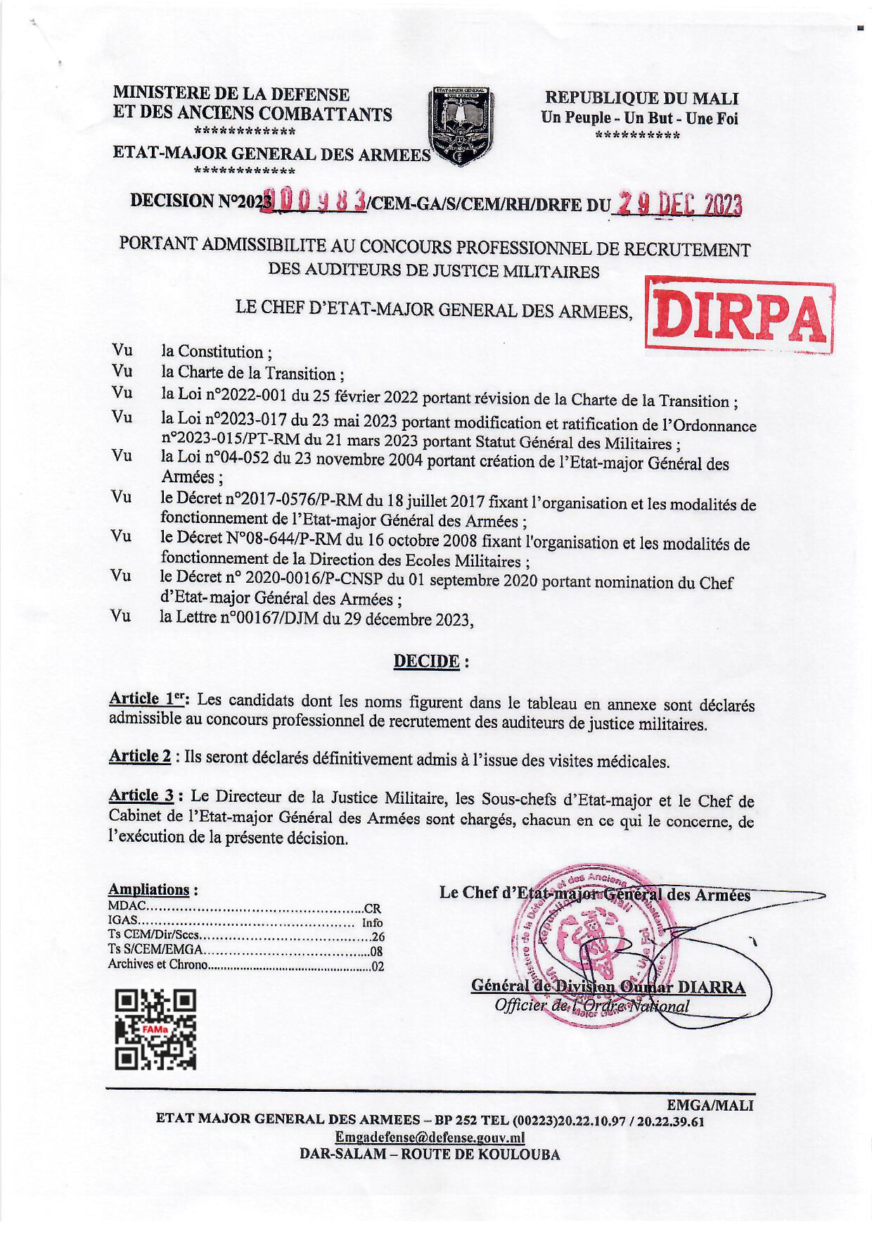  RESULTAT D'ADMISSIBILITE AU CONCOURS PROFESSIONNEL DE RECRUTEMENT DES AUDITEURS DE JUSTICE MILITAIRES