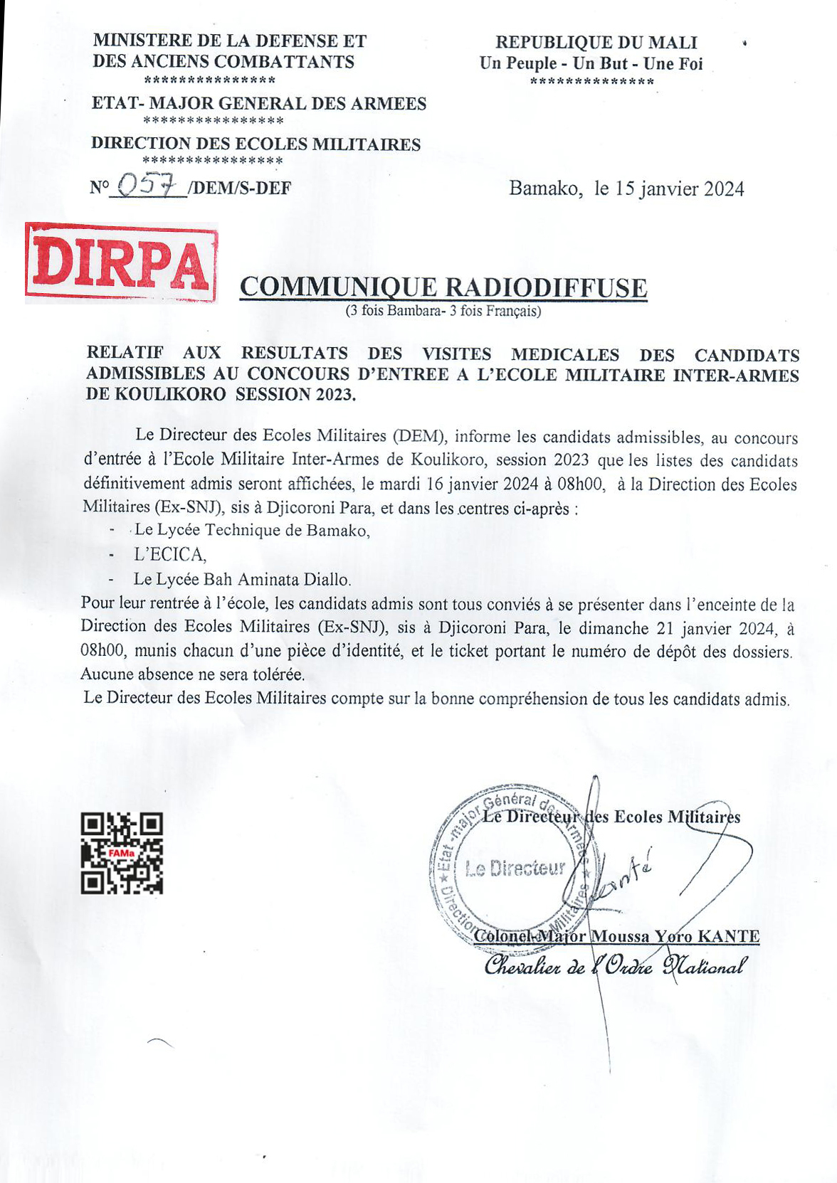  EMIA SESSION 2023 : COMMUNIQUÉ RELATIF AUX RÉSULTATS DES VISITES MÉDICALES DES CANDIDATS ADMISSIBLES.