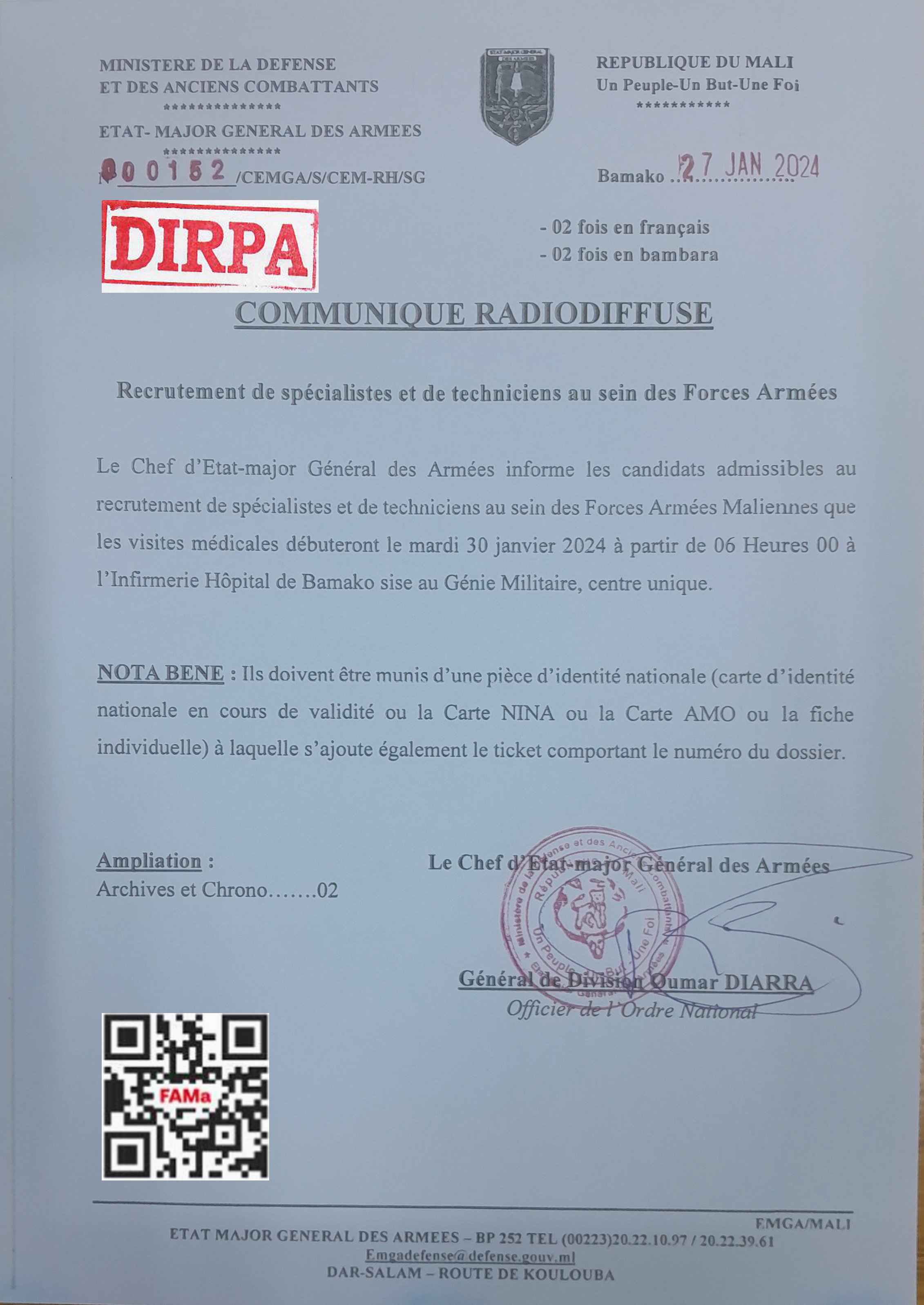  Communiqué du Recrutement de spécialistes et de techniciens au sein des Forces Armées