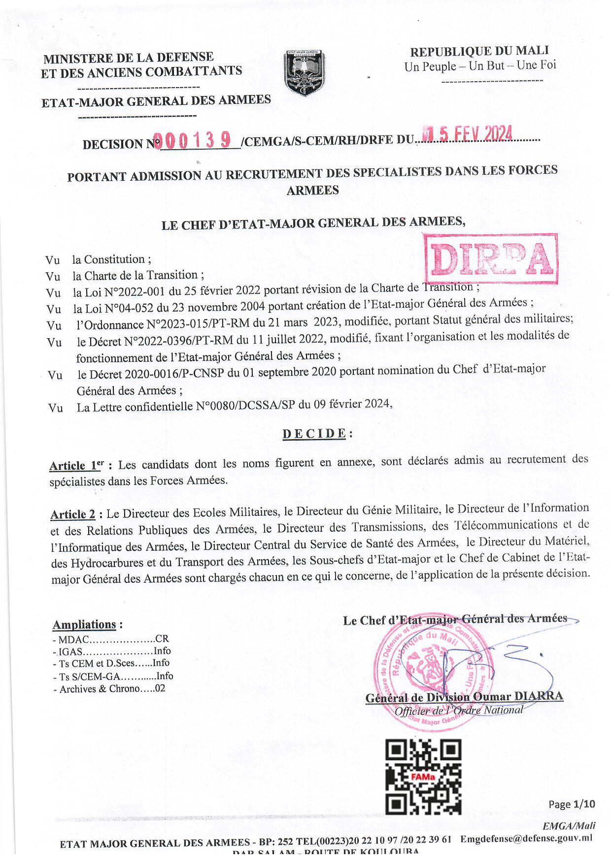  RESULTAT PORTANT ADMISSION DES SPECIALISTES DANS LES FORCES ARMEES
