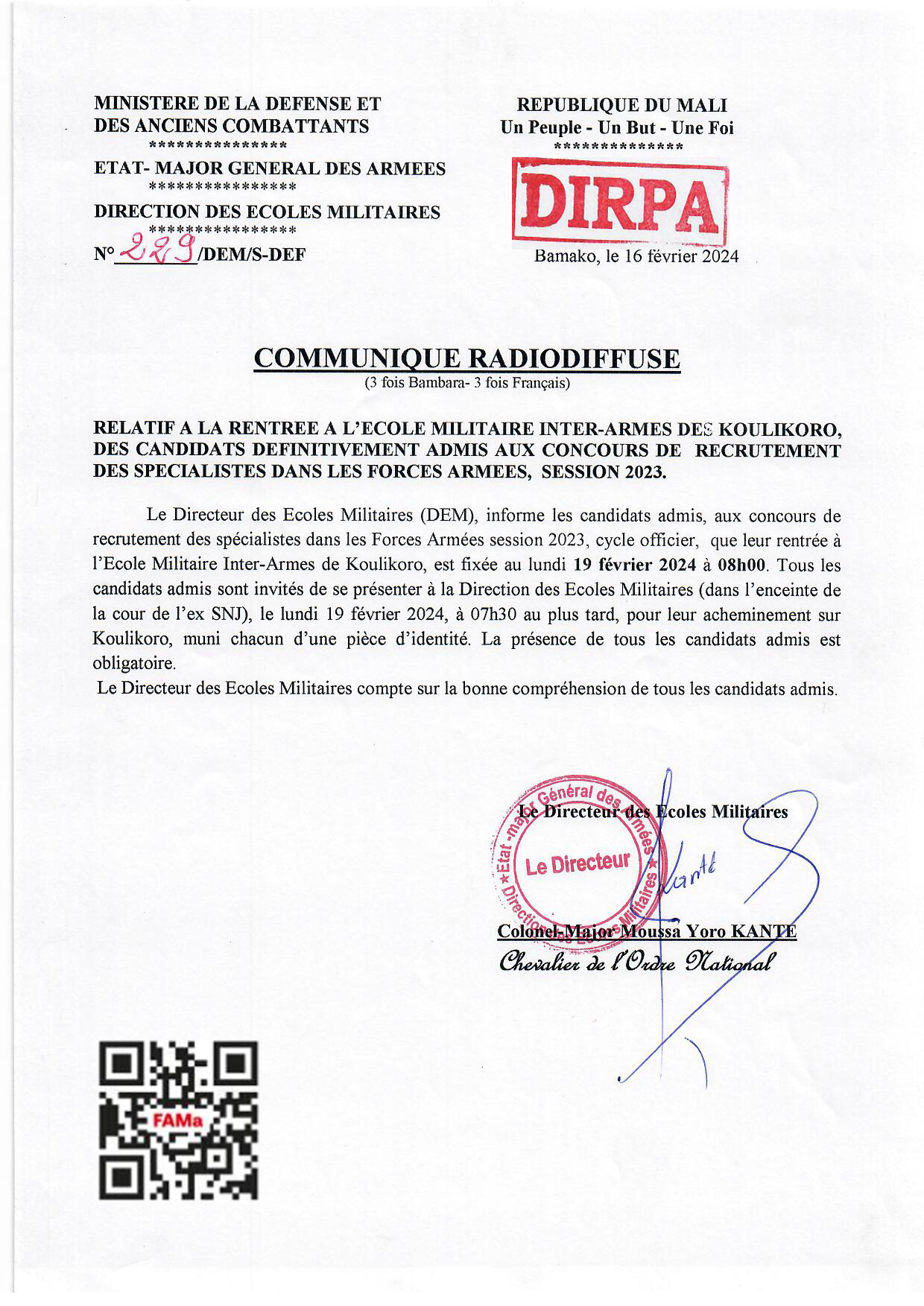  LA RENTREE A L'ECOLE MILITAIRE INTER-ARMES DE KOULIKORO, DES CANDIDTS DEFINITIVEMENT ADMIS AUX CONCOURS DE RECRUTEMENT DES SPECIALISTES DANS LES FORCES ARMEES, SESSION 2023.
