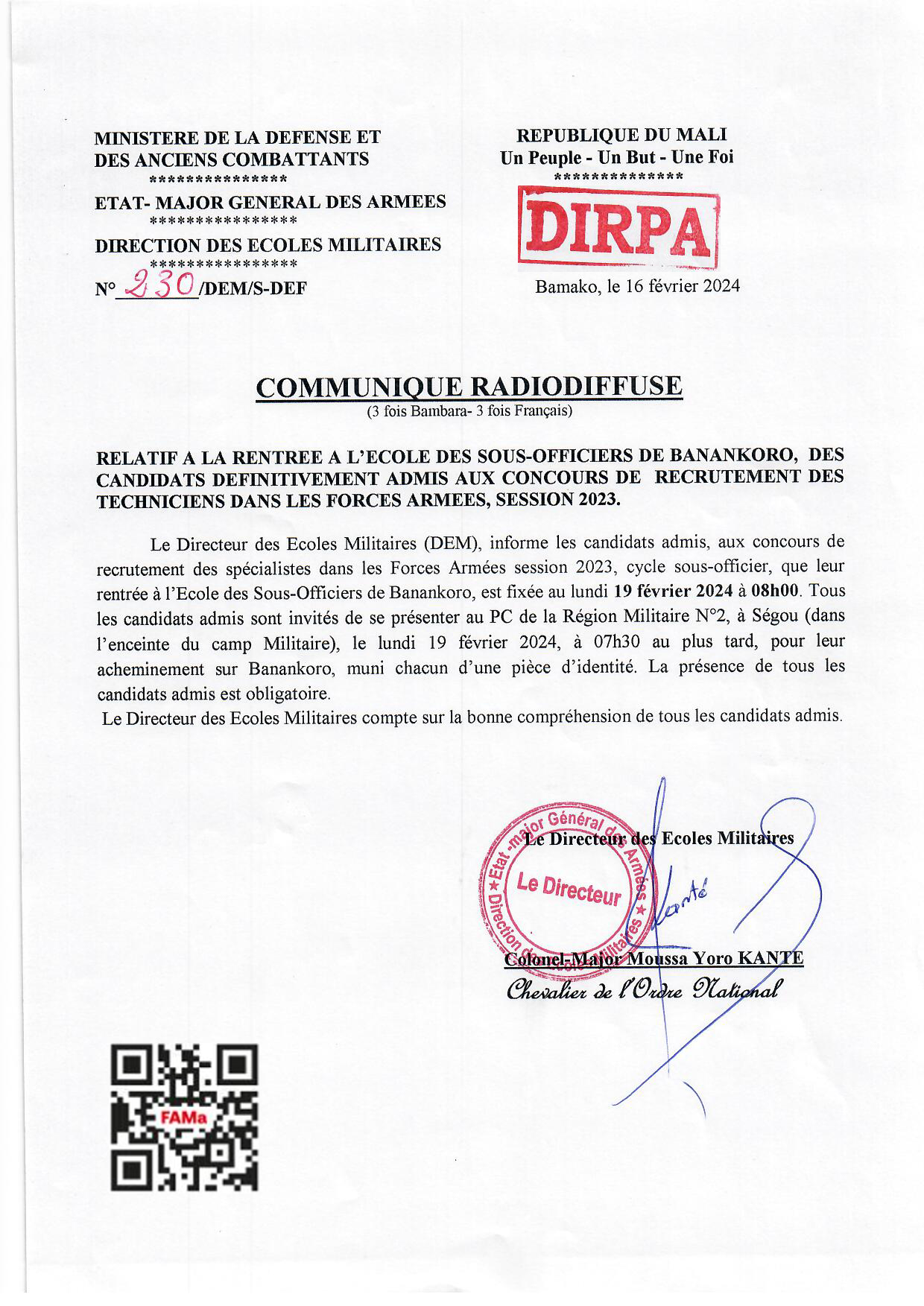  LA RENTREE A L'ECOLE DES SOUS-OFFICIERS DE BANANKORO, DES CANDIDTS DEFINITIVEMENT ADMIS AUX CONCOURS DE RECRUTEMENT DES TECHNICIENS DANS LES FORCES ARMEES, SESSION 2023.