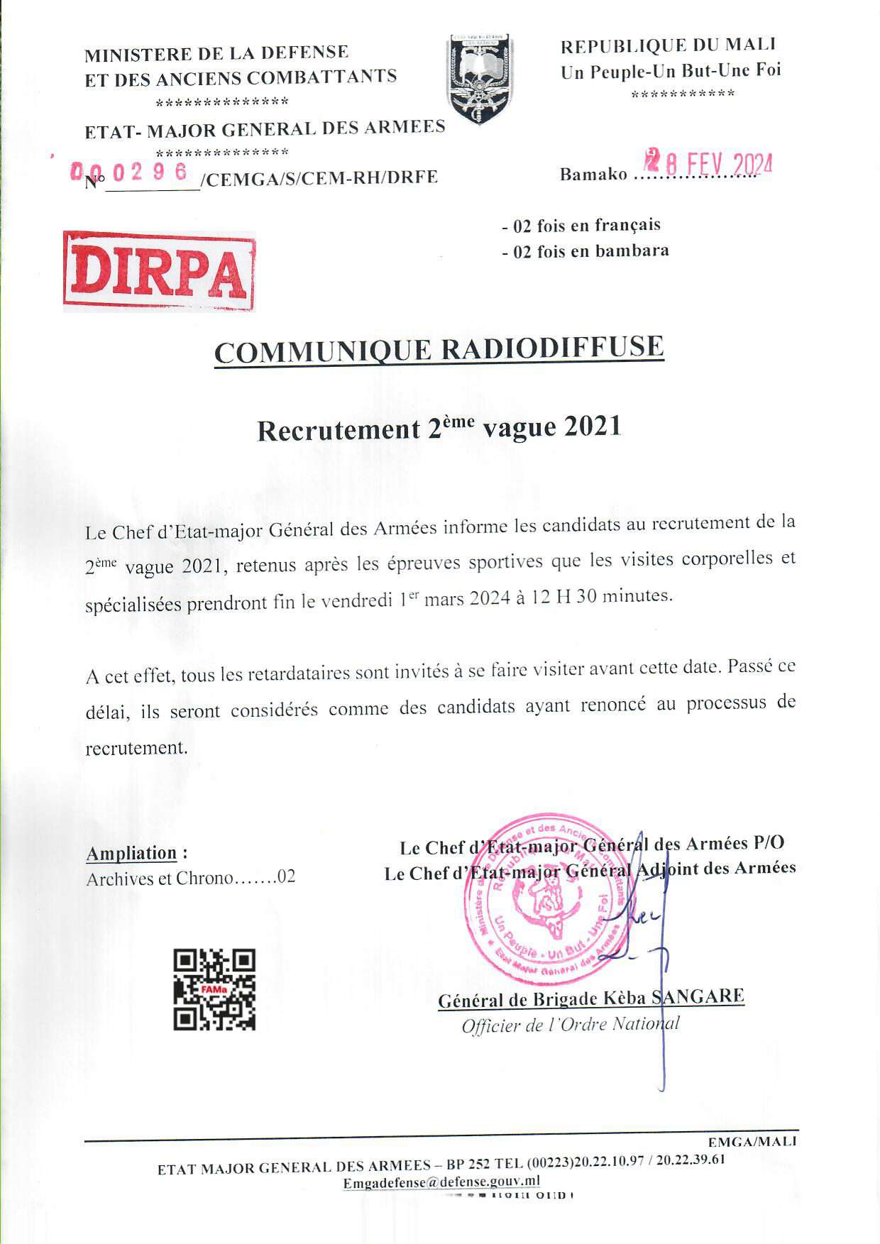  COMMUNIQUE RELATIF A LA DATE DE CLOTURE DES VISITES CORPORELLES ET SPECIALISEES DU RECRUTEMENT 2EME VAGUE 2021.