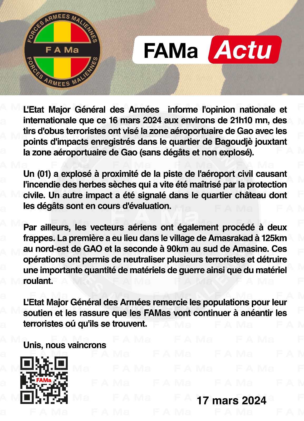  FAMa Actu du dimanche 17 mars 2024 ! Des tirs d'obus terroristes ont visé la zone aéroportuaire de Gao, ce 16 mars 2024 aux environs de 21h10 mn.