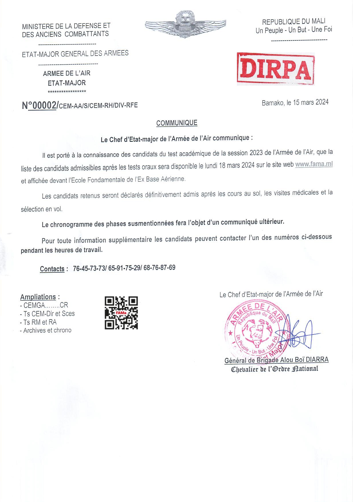 COMMUNIQUE DE L’ARMEE DE L'AIR PORTANT RESULTAT DES CANDIDATS ADMISSIBLES APRES LES TESTS ORAUX DU TEST ACADEMIQUE SESSION 2023.