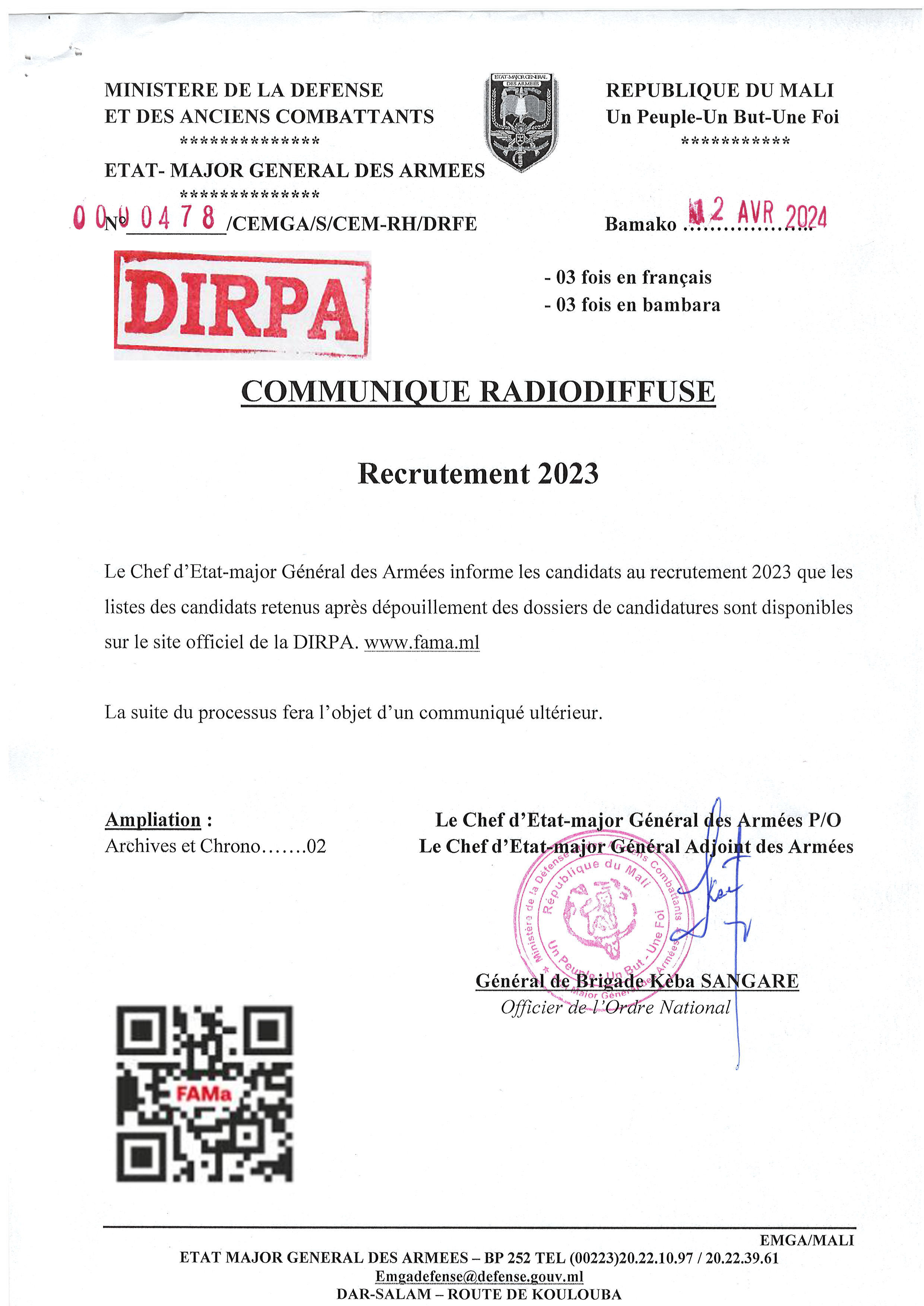  Communiqué du Recrutement 2023