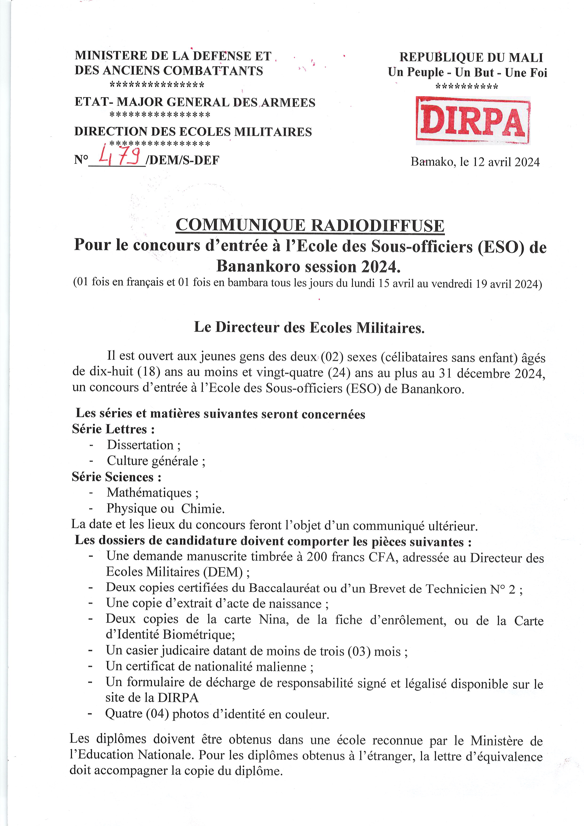 Communiqué du concours d'entrée à l'Ecole des Sous-Officiers (ESO) de Banankoro session 2024.