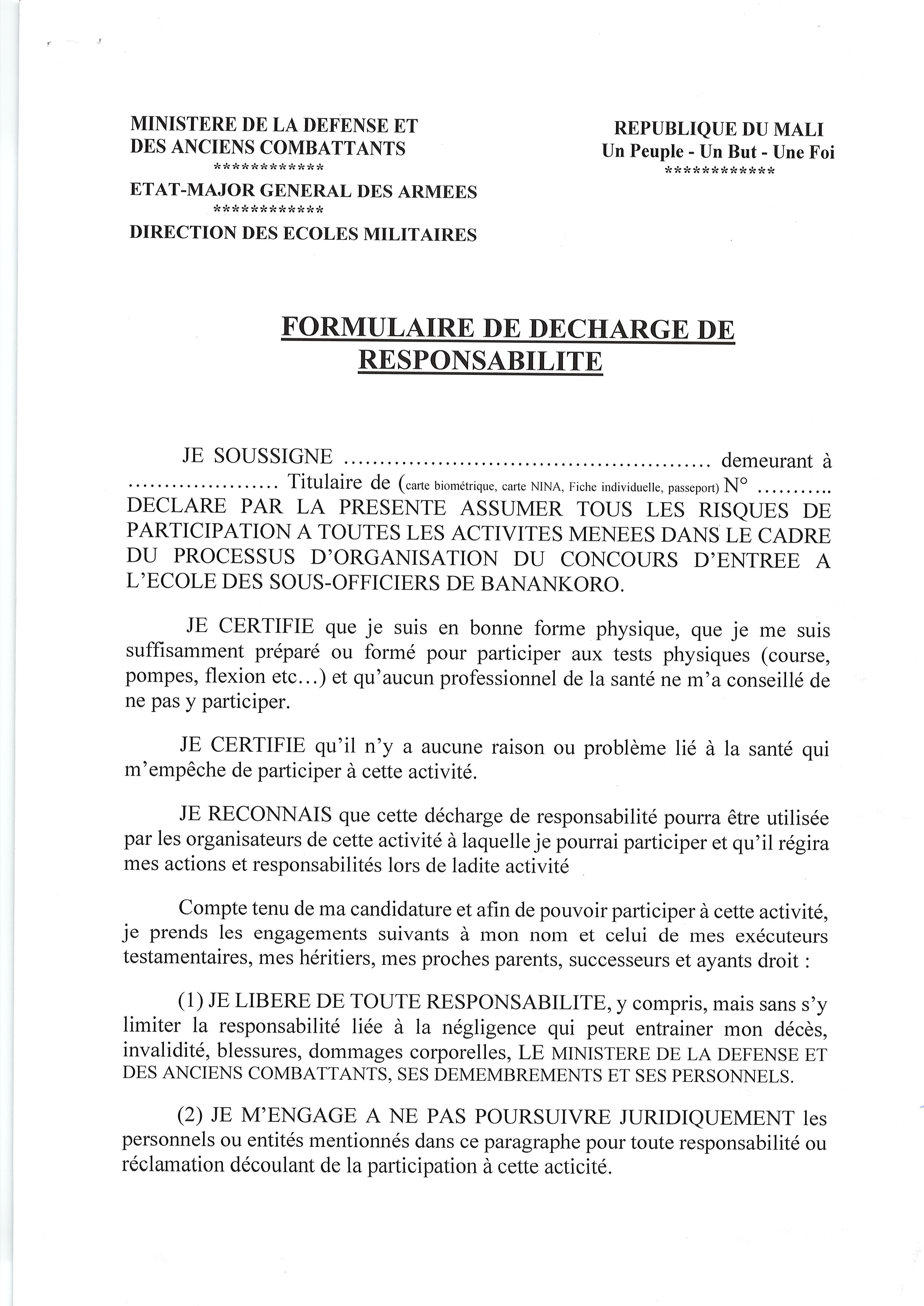  FORMULAIRE DE DECHARGE DE RESPONSABILITE POUR L'ESO
