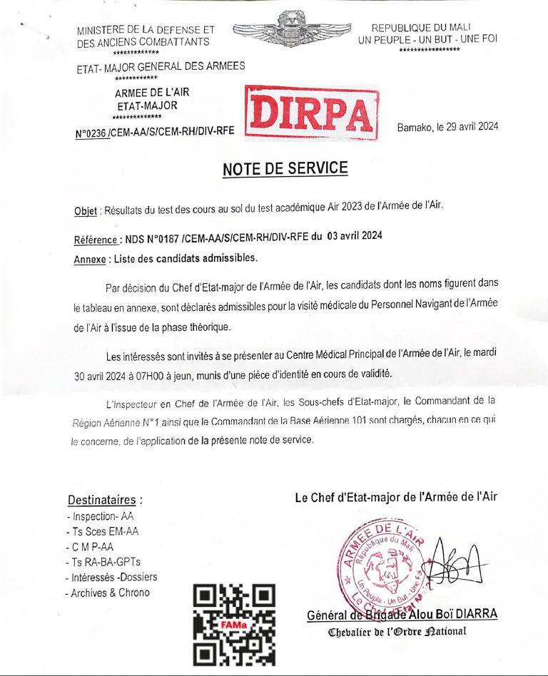  RESULTAT DU TEST DES COURS AU SOL DU TEST ACADEMIQUE AIR 2023 DE L'ARMEE DE L'AIR