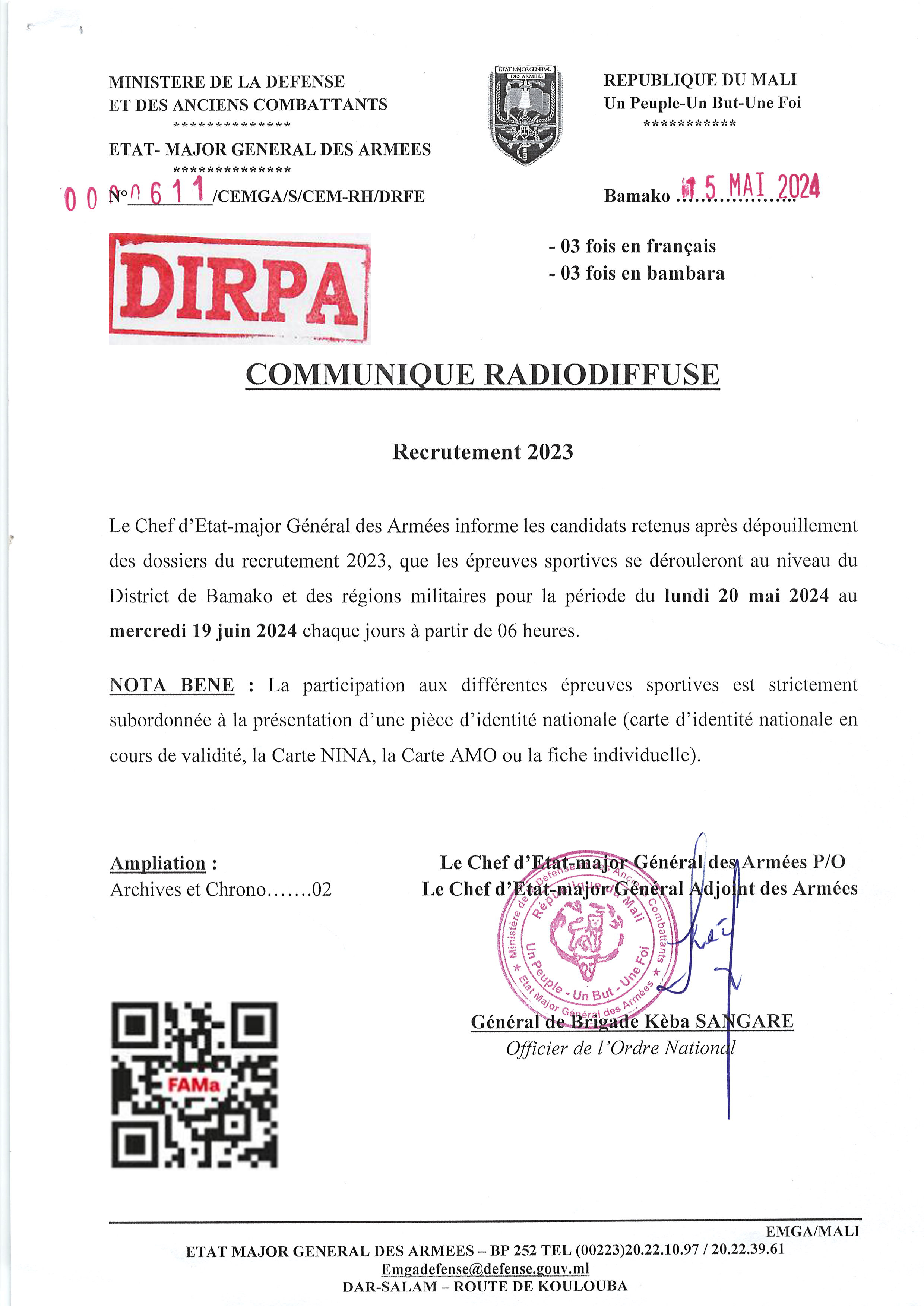  Communiqué du Chef d'Etat-Major Général des Armées