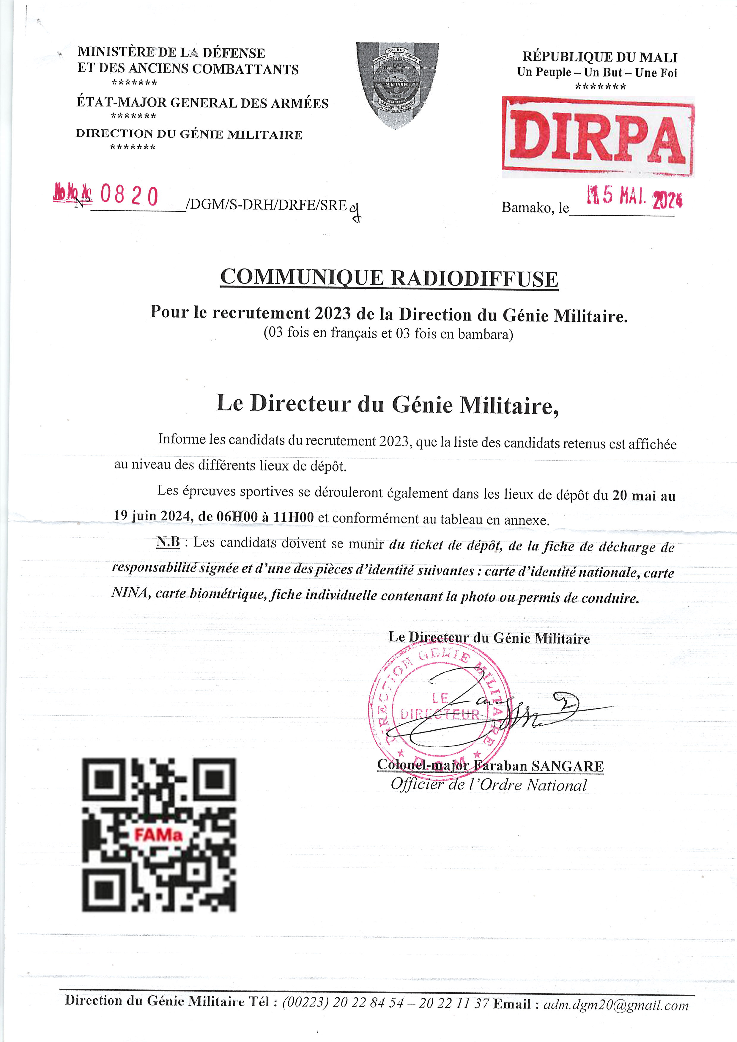  Communiqué du Directeur du Génie Militaire