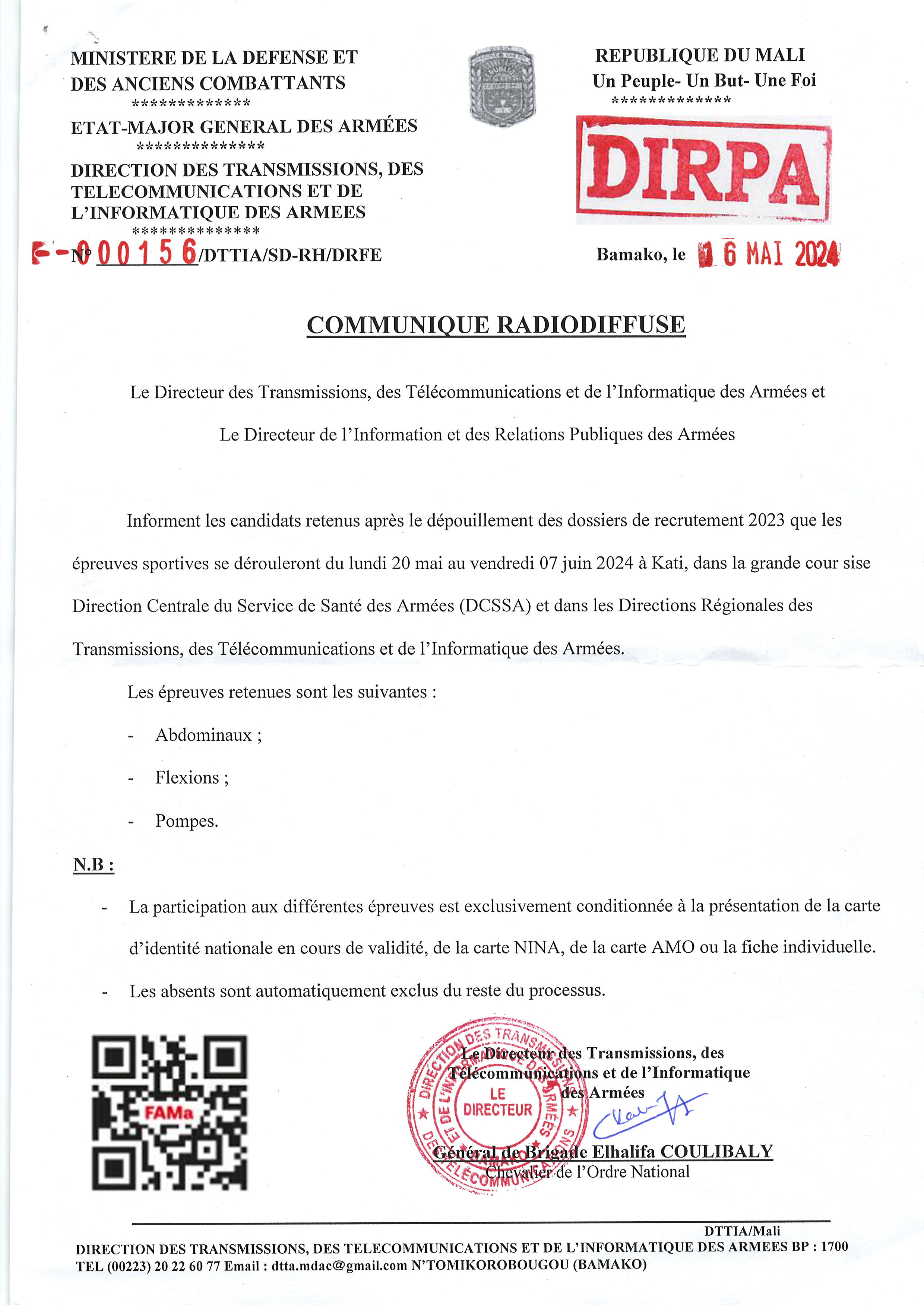  Communiqué du Directeur DTTIA et DIRPA