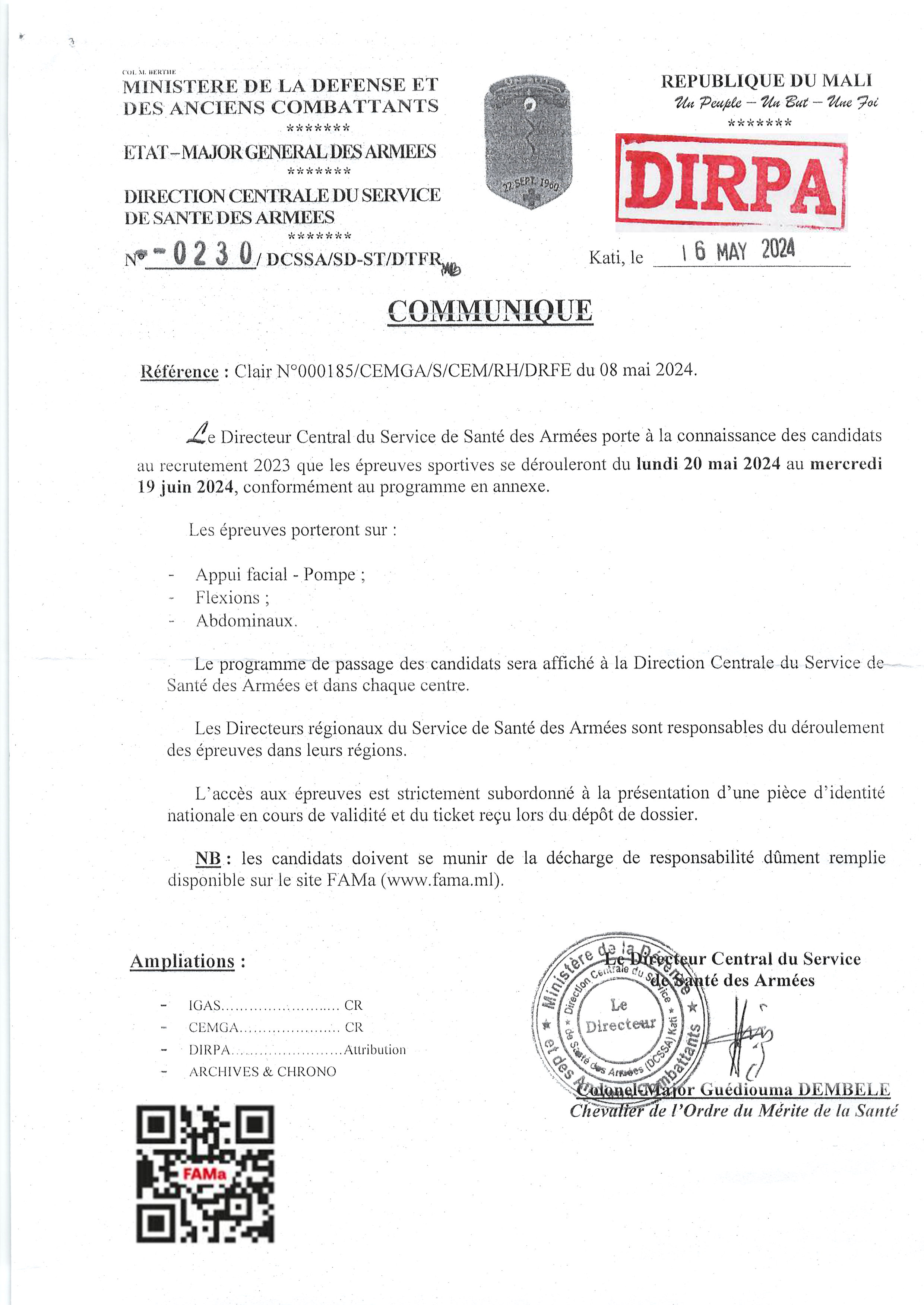  Communiqué du Directeur Central du Service de Santé des Armées