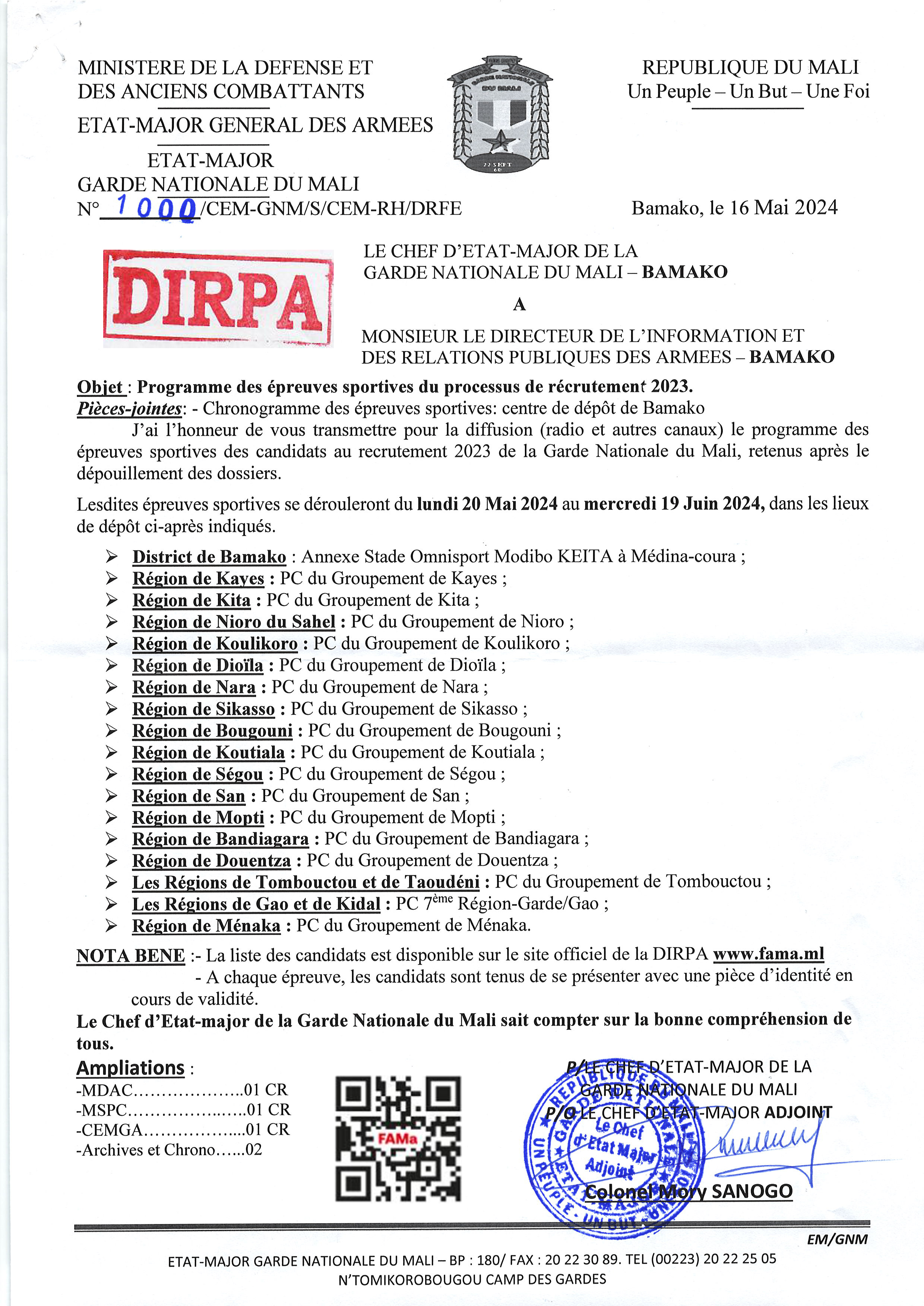  Le Programme des épreuves sportives des candidats au recrutement 2023 de la Garde Nationale du Mali, retenus après le dépouillement des dossiers