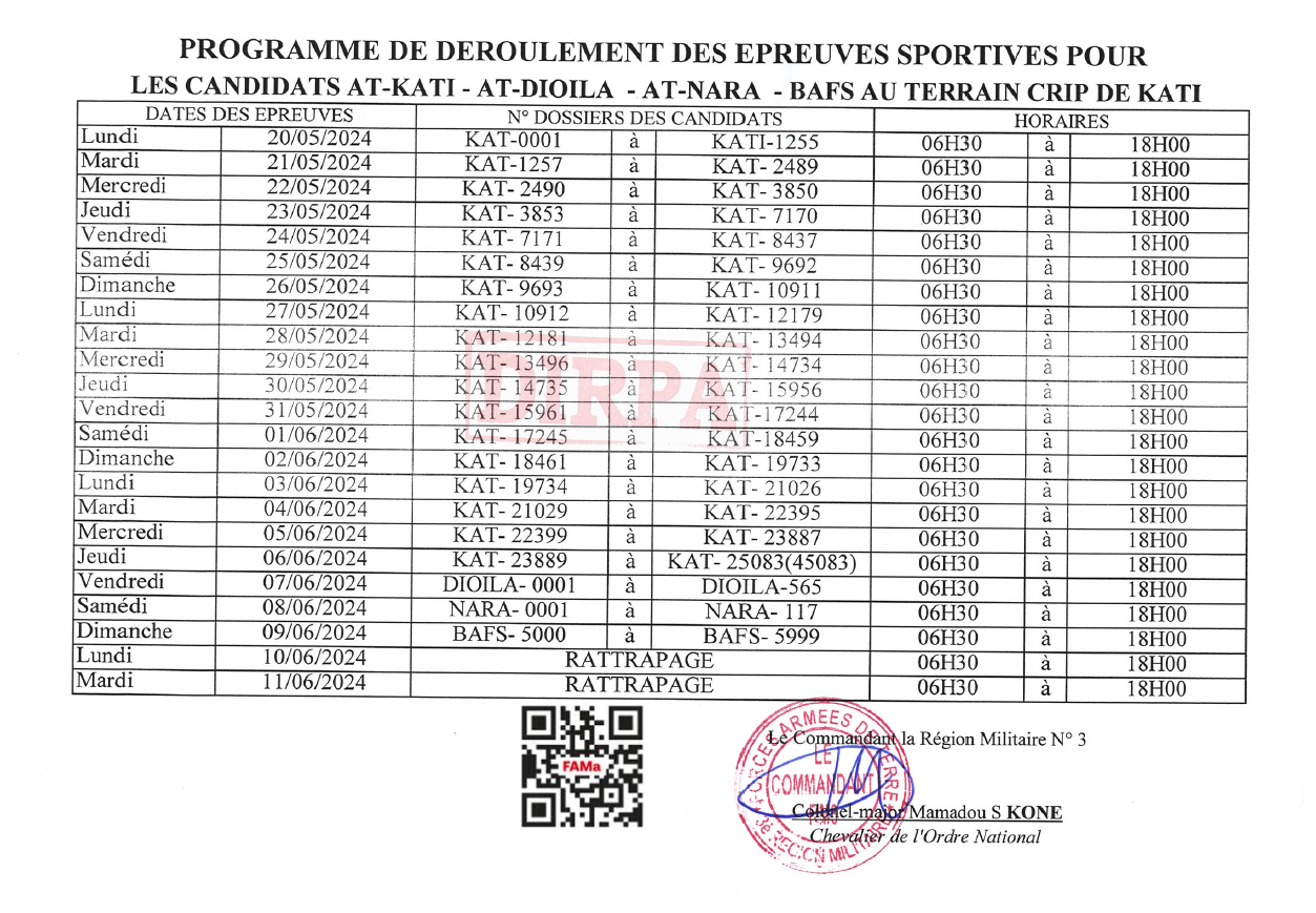  Programme de déroulement des épreuves sportives pour les candidats AT-KATI-AT-DOILA-AT-NARA-BAFS au terrain CRIP de Kati