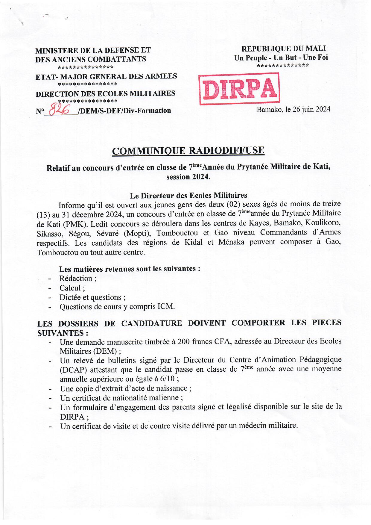  Communiqué du Concours d'entrée en classe de 7éme Année du Prytanée Militaire de Kati, session de  2024