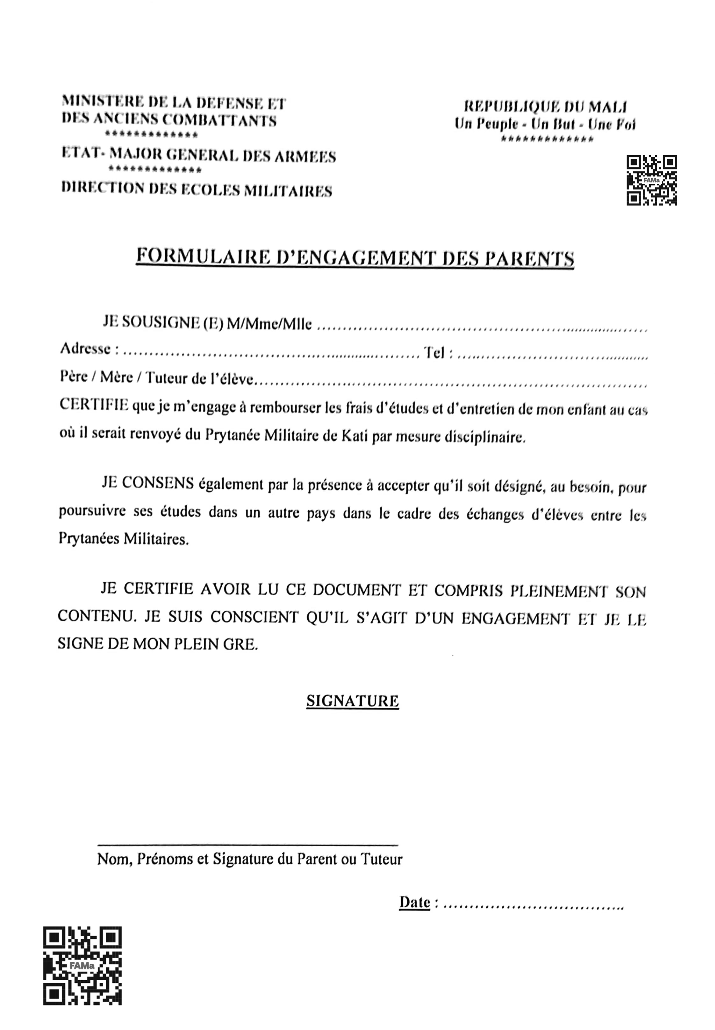  Information importante concours d'entrée au PMK : le formulaire d'engagement portant le code QR est le seul valable pour le dépôt de dossier.