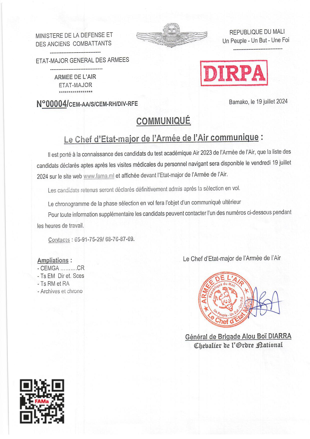  COMMUNIQUE DU CHEF D'ETAT-MAJOR DE L'ARMEE DE L'AIR