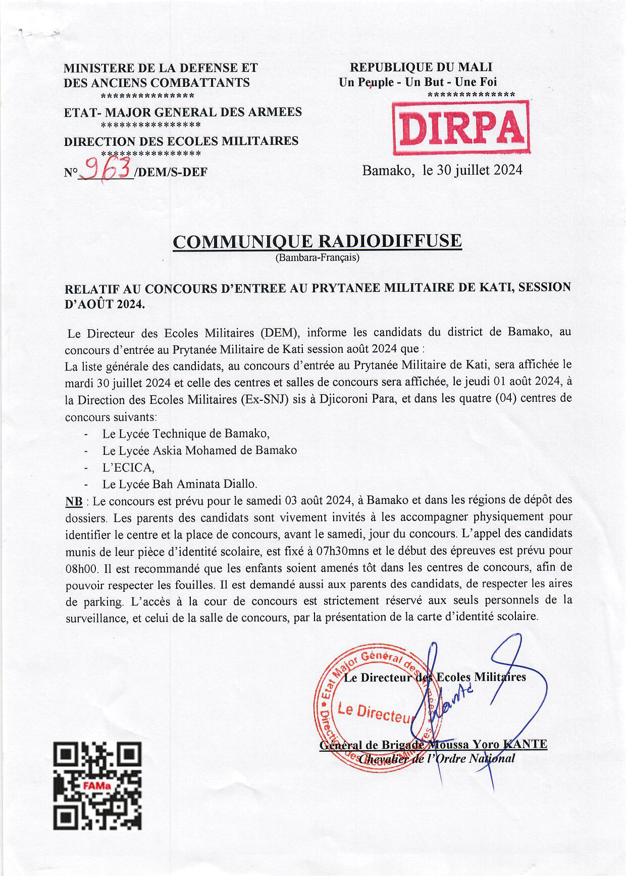  COMMUNIQUE RADIODIFFUSE