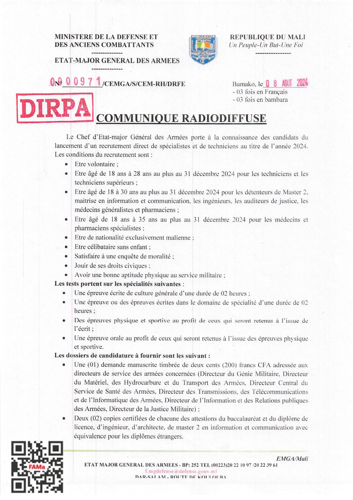  Le Chef d'Etat-major Général des Armées porte à la connaissance du lancement d'un recrutement direct de spécialistes et de techniciens au titre de l'année 2024.