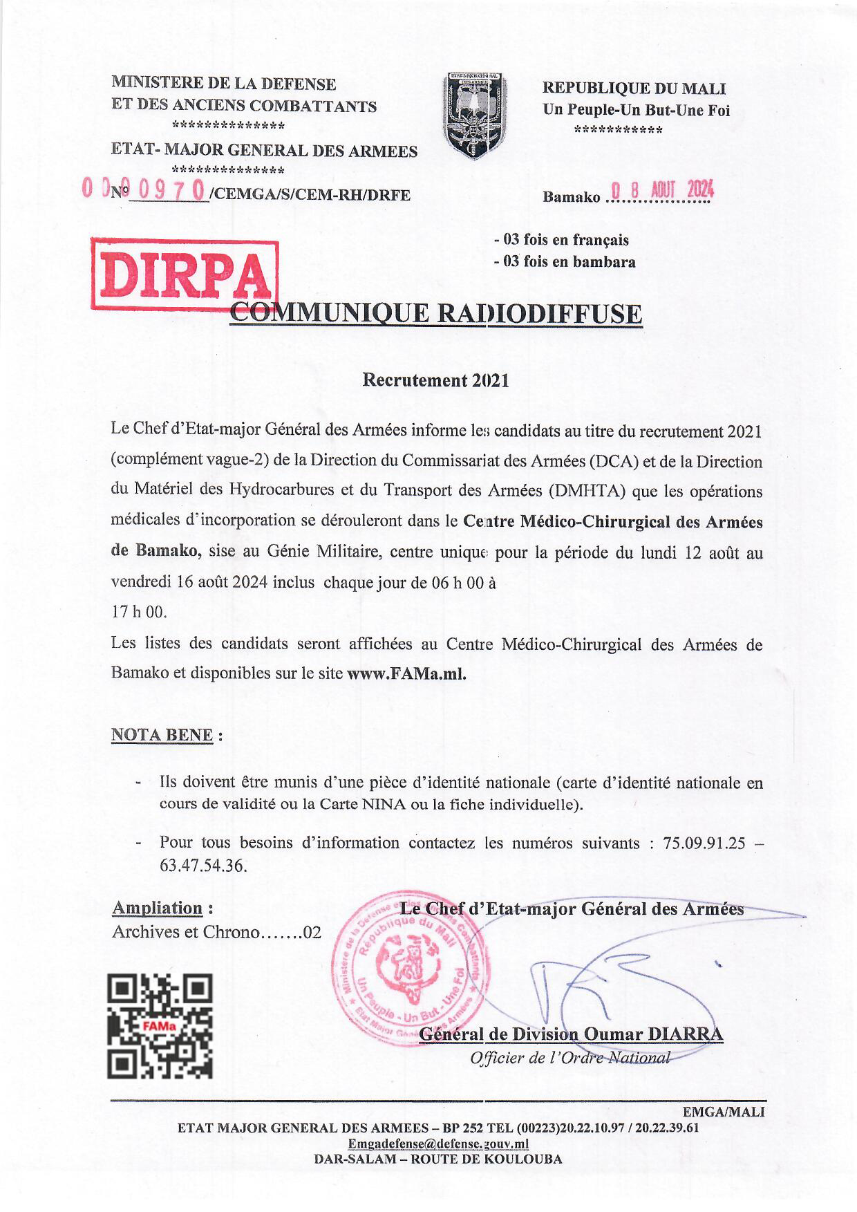 Les candidats du DMHTA et DCA dont les noms figurent dans le tableaux en annexes, sont déclarés admissibles après les épreuves sportives au recrutement 2021 (Complément Vague-2).