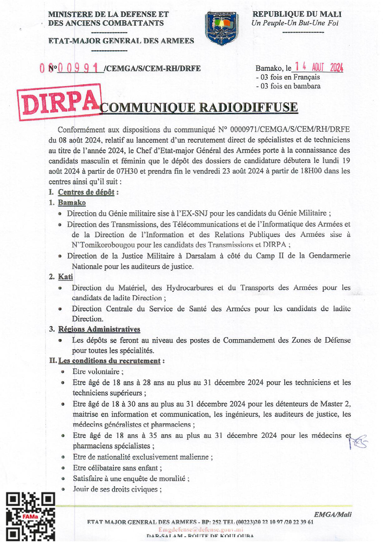  COMMUNIQUE RADIODIFFUSE