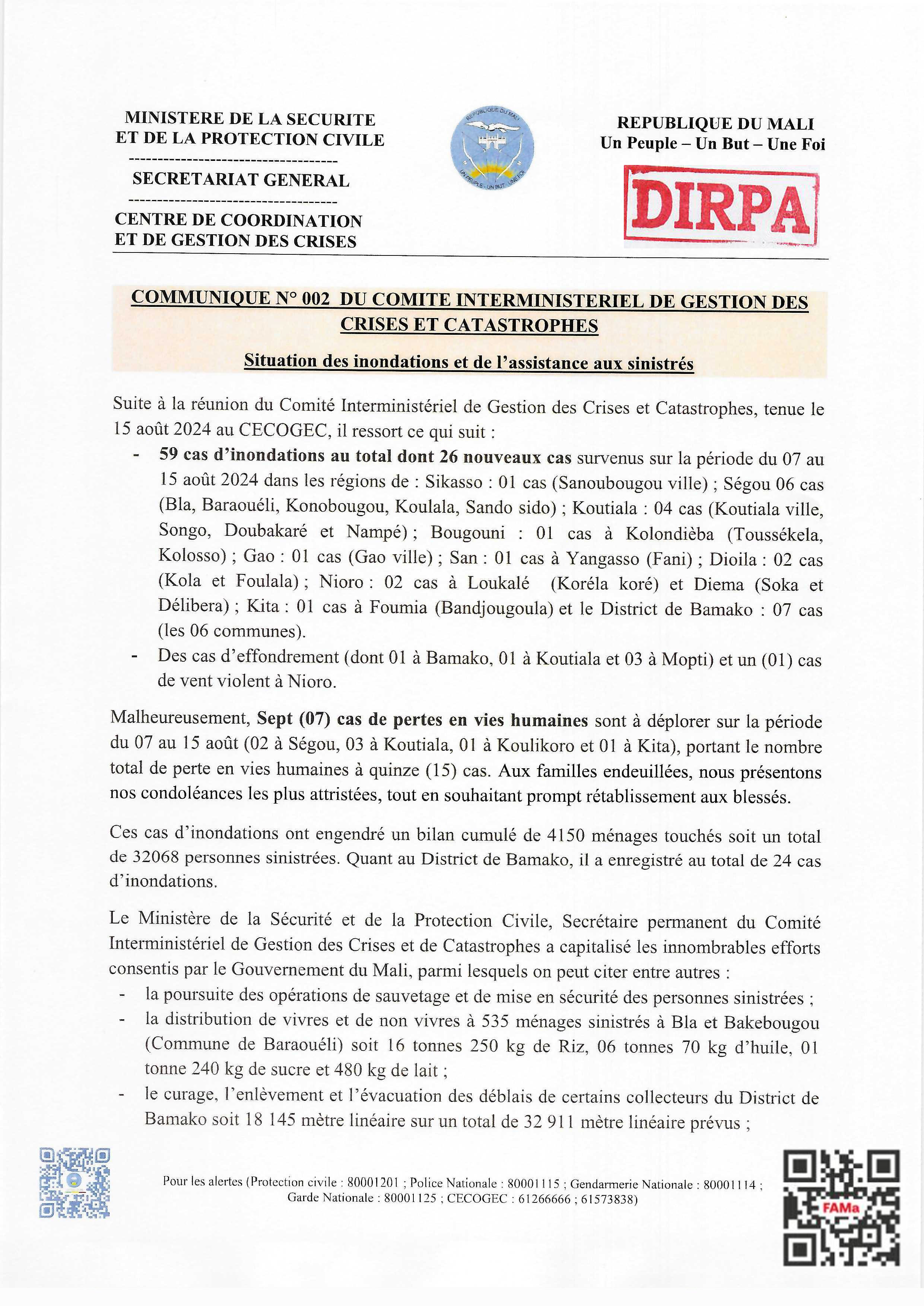  COMMUNIQUE N°002 DU COMITE INTERMINISTERIEL DE GESTION DES CRISES ET CATASTROPHES