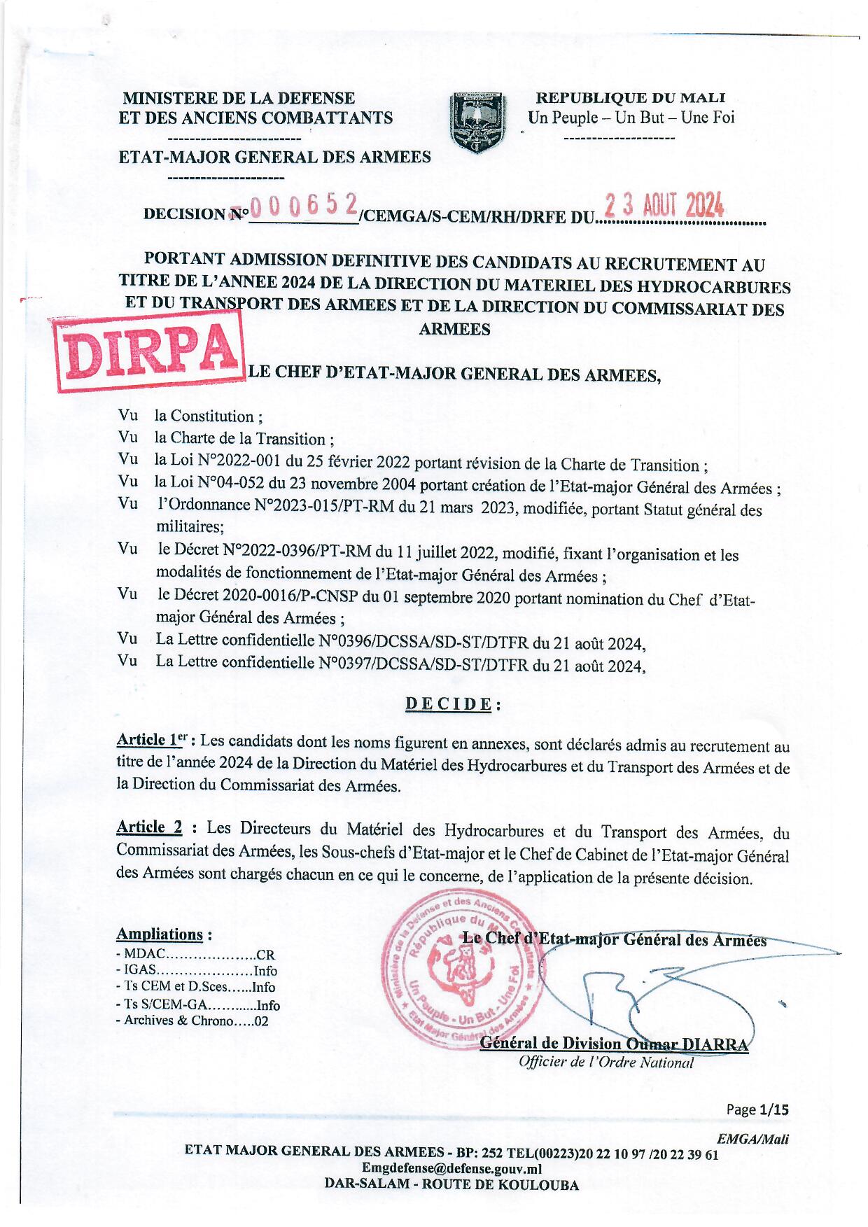  LISTE DES CANDIDATS DECLARES ADMIS DEFINITIVEMENT AU TITRE DE L'ANNEE 2024 AU RECRUTEMENT DE LA DIRECTION DU MATERIEL DES HYDROCARBURES  ET DU TRANSPORT DES ARMEES