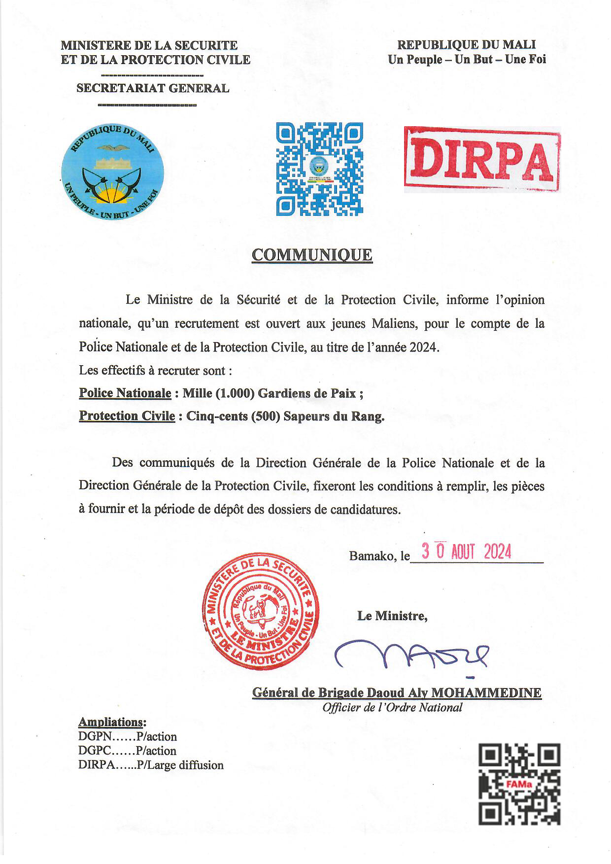  Le Ministre de la Protection Civile, informe l'opinion nationale, qu'un recrutement est ouvert aux jeunes Maliens, pour le compte de la Police Nationale et de la Protection Civile.