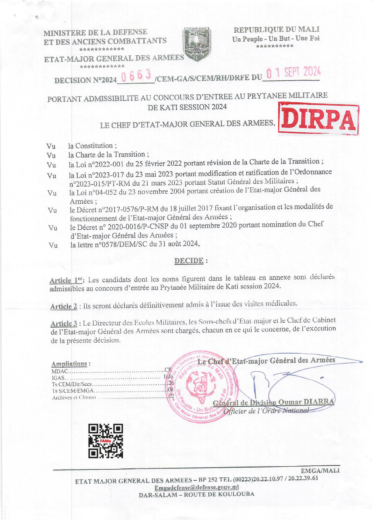  ADMISSIBILITE AU CONCOURS D'ENTREE AU PRYTRANEE MILITAIRE DE KATI SESSION 2024