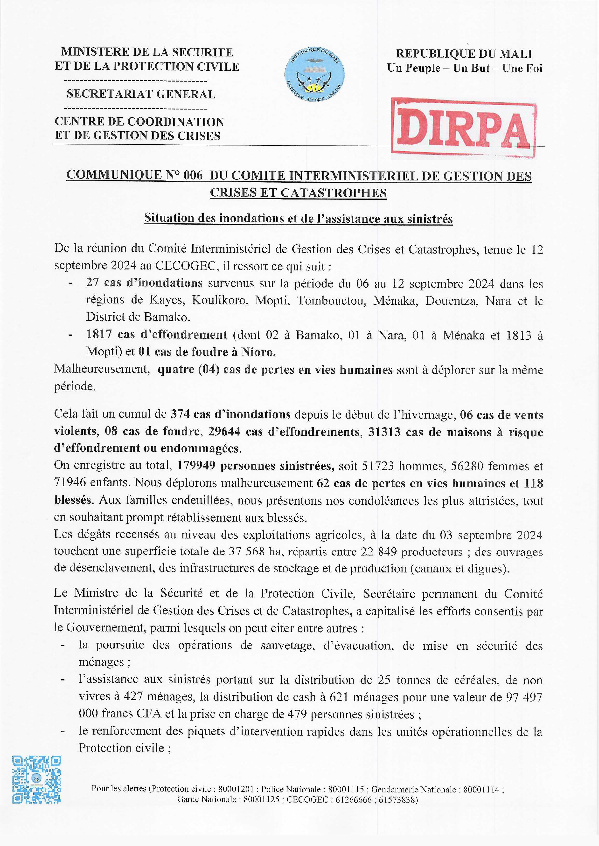  COMMUNIQUE N°006 DU COMITE INTERMINISTERIEL DE GESTION DES CRISES ET CATASTROPHES.