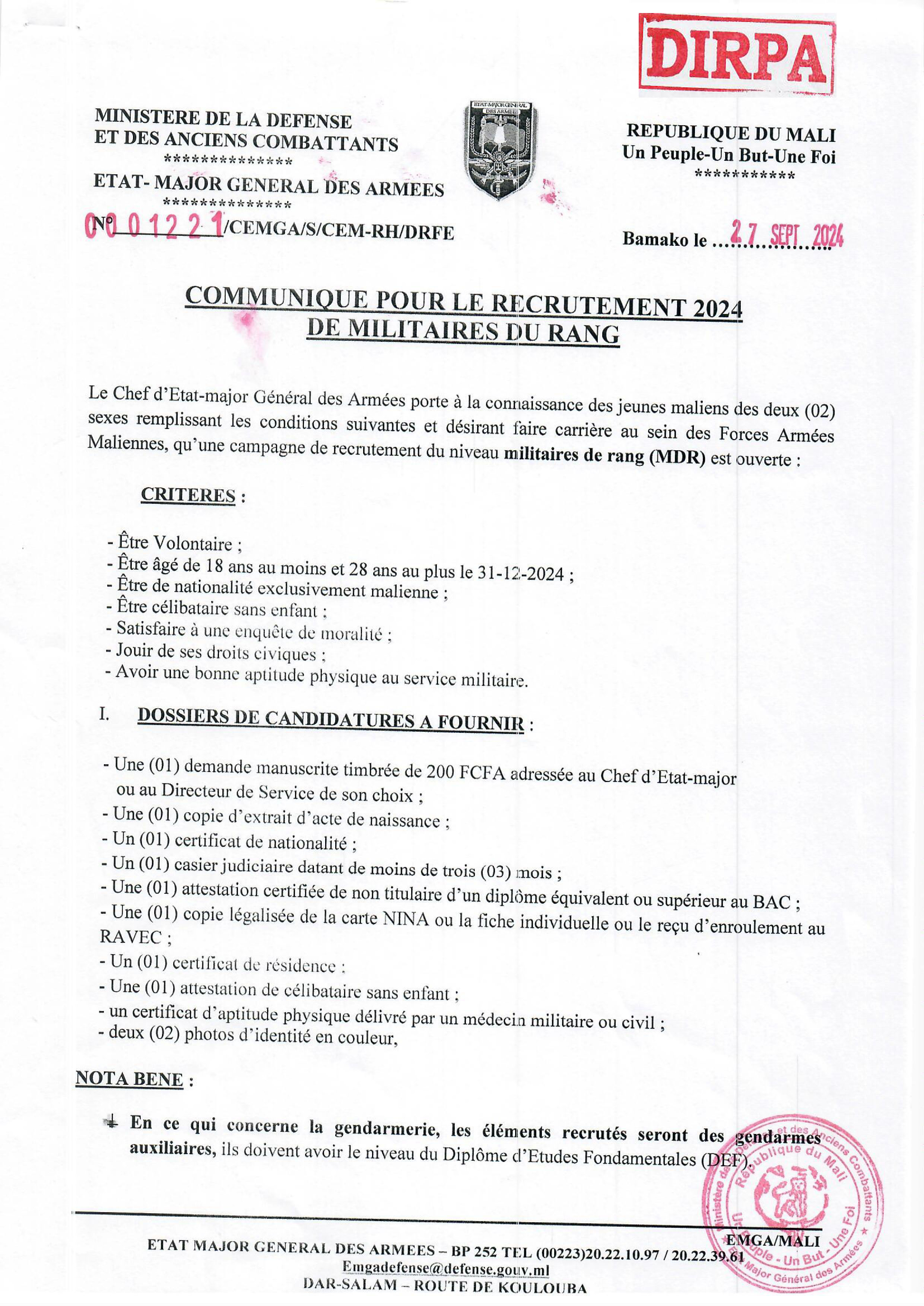  COMMUNIQUE POUR LE RECRUTEMENT 2024 DE MILITAIRES DU RANG