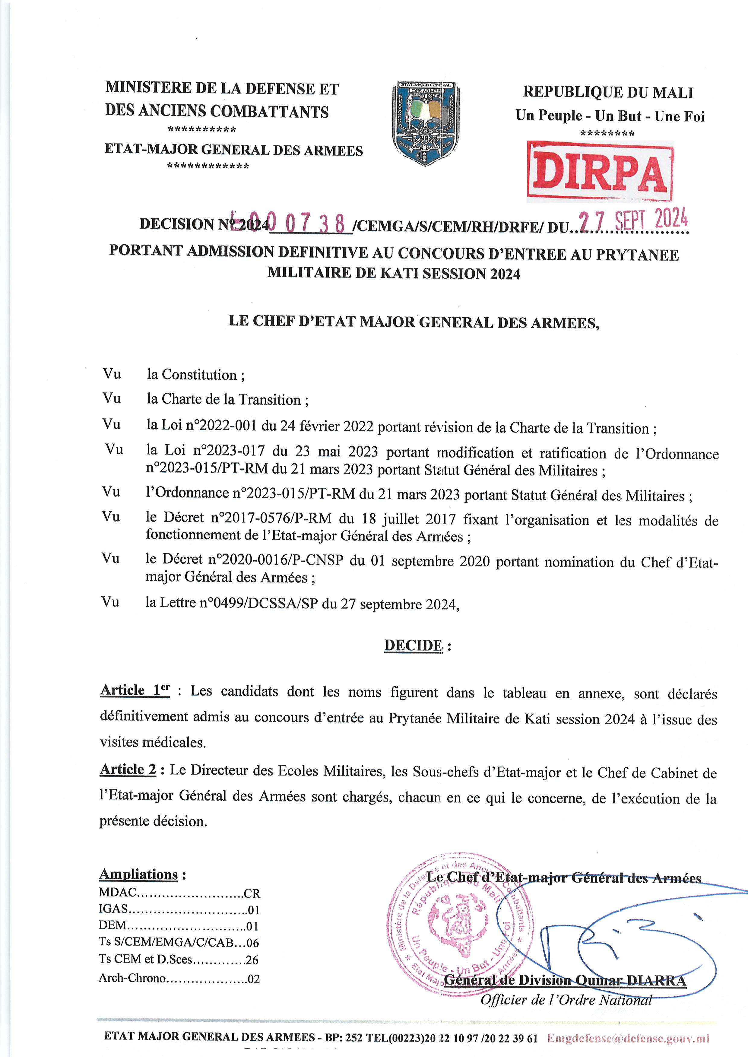  ADMISSION DEFINITIVE AU CONCOURS D'ENTREE AU PRYTANEE MILITAIRE DE KATI SESSION 2024