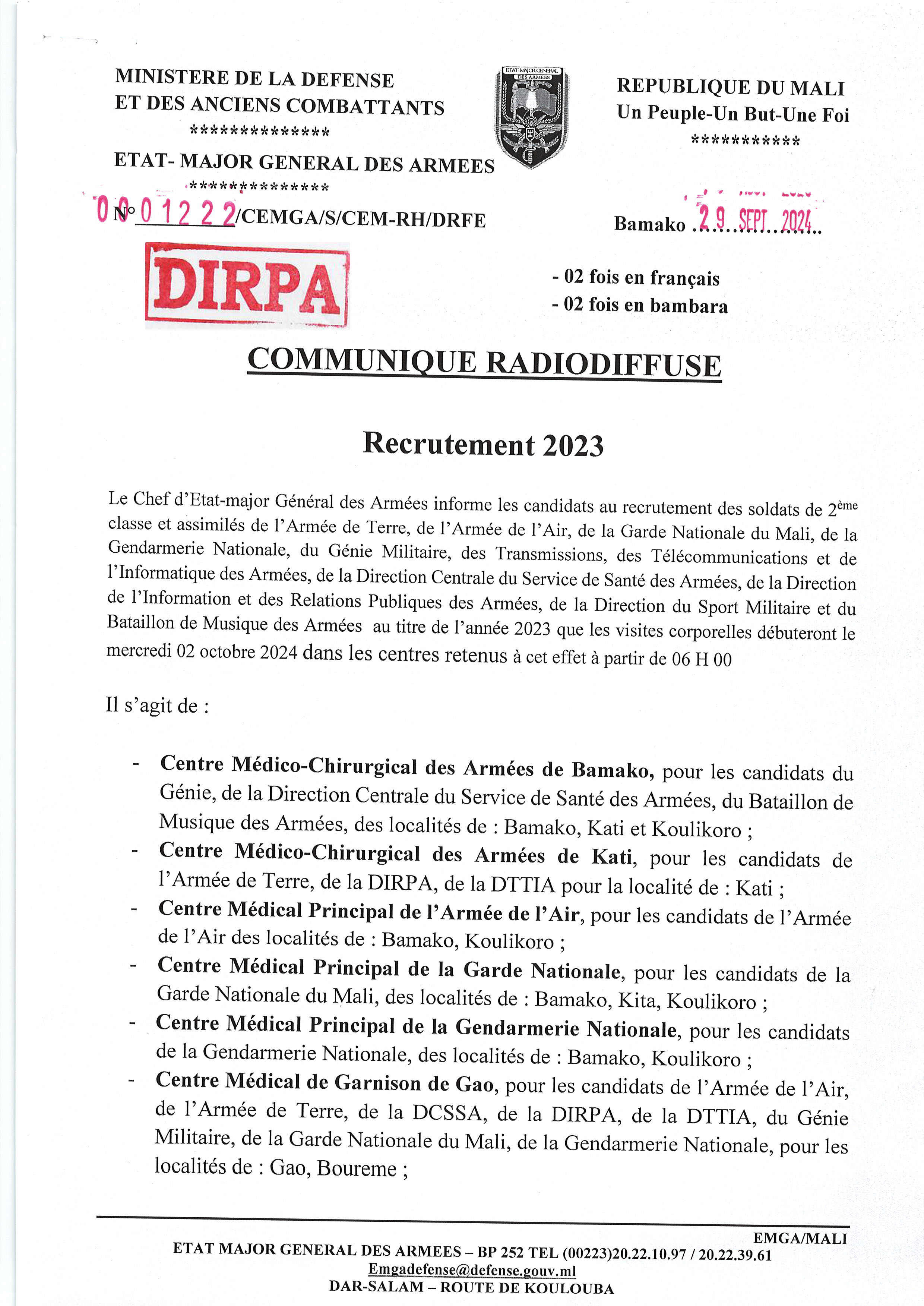  COMMUNIQUE DU RECRUTEMENT 2023