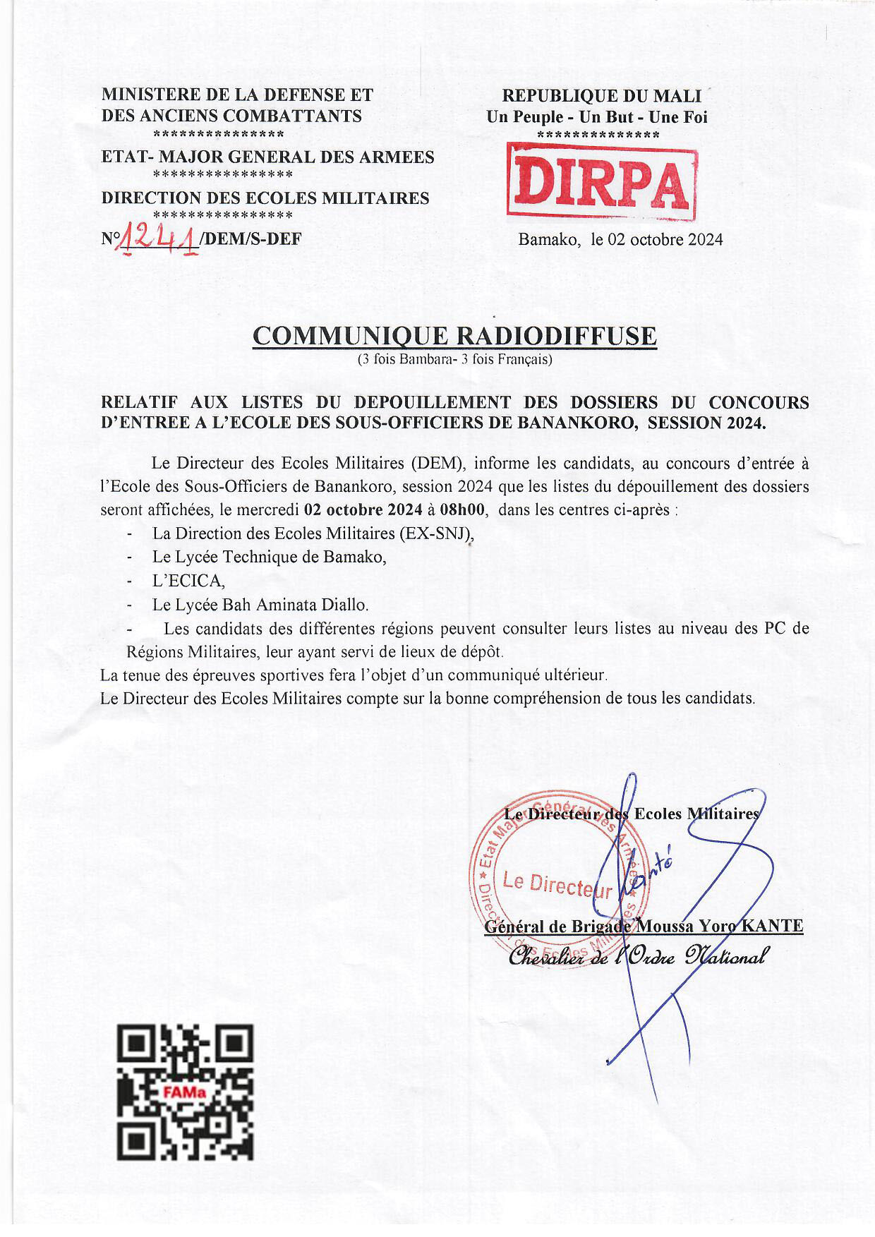  Liste du dépouillement des dossiers du concours d'entrée à l'Ecole des Sous-Officiers de Banankoro, session de 2024