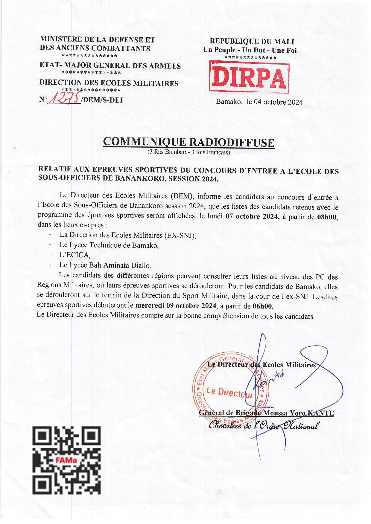  EPREUVES SPORTIVES AU CONCOURS D'ENTREE A L'ECOLE DES SOUS-OFFICIERS DE BANANKORO, SESSION 2024