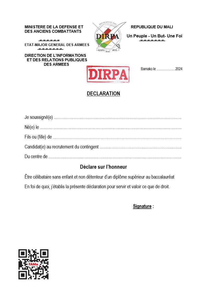  Déclaration de célibataire sans enfant et non détenteur d'un diplôme supérieur  au baccalauréat.