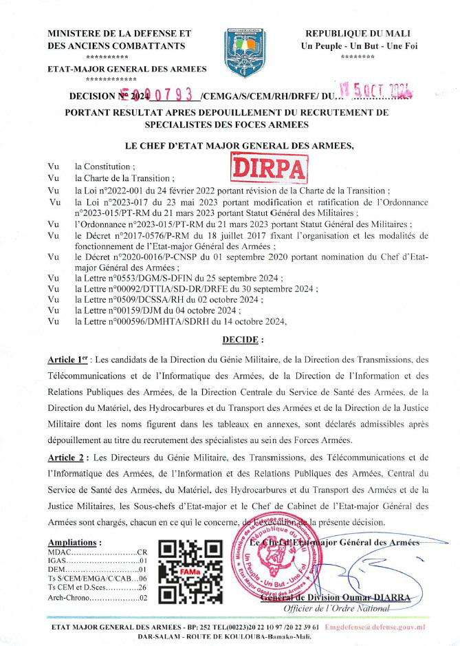  RESULTAT  DES SPECIALISTES DE LA DIRPA DES FORCES ARMEES