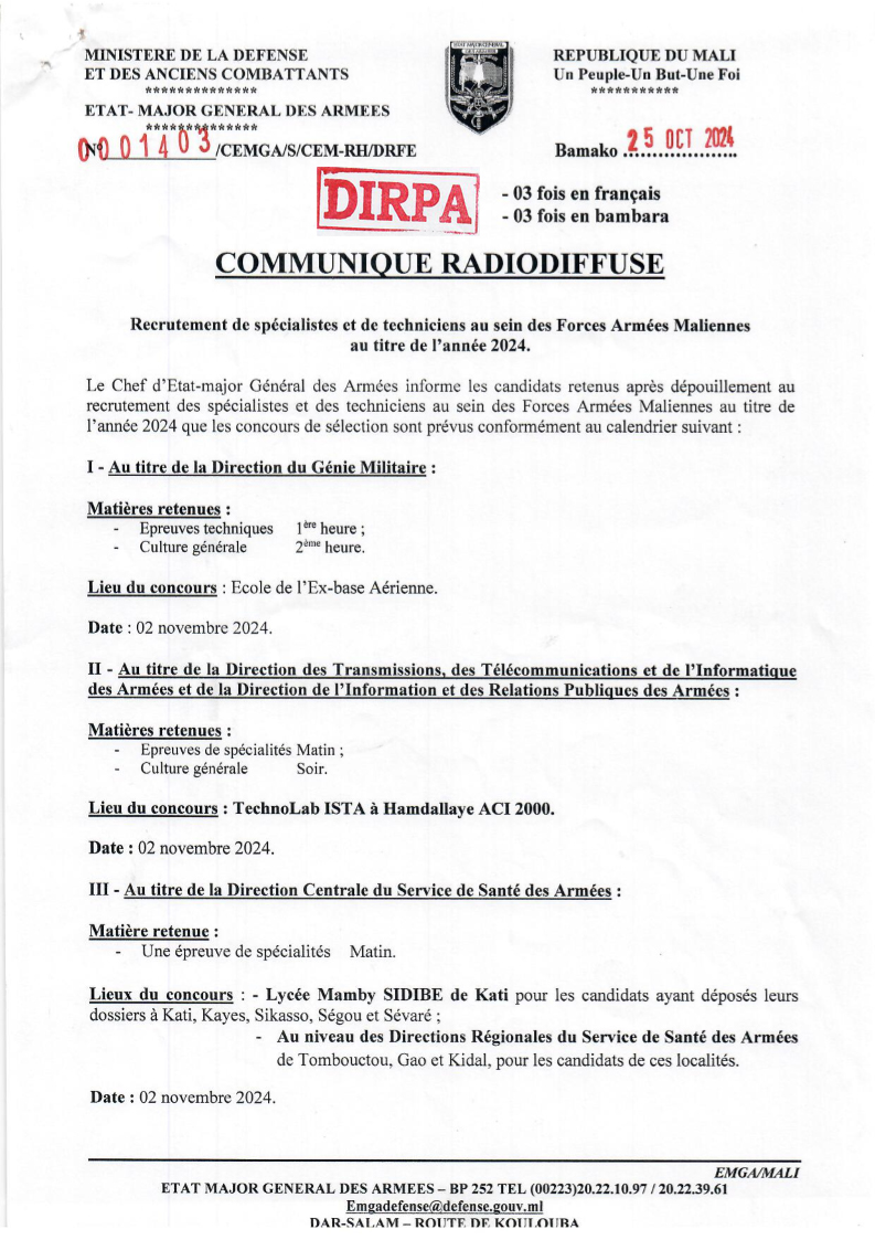  LES CONCOURS DE SELECTION DES CANDIDATS RETENUS APRES DEPOUILLEMENT AU RECRUTEMENT DES SPECIALISTES ET DES TECHNICIENS AU SEIN DES FAMa SONT PREVUS CONFORMEMENT AU CALENDRIER SUIVANT
