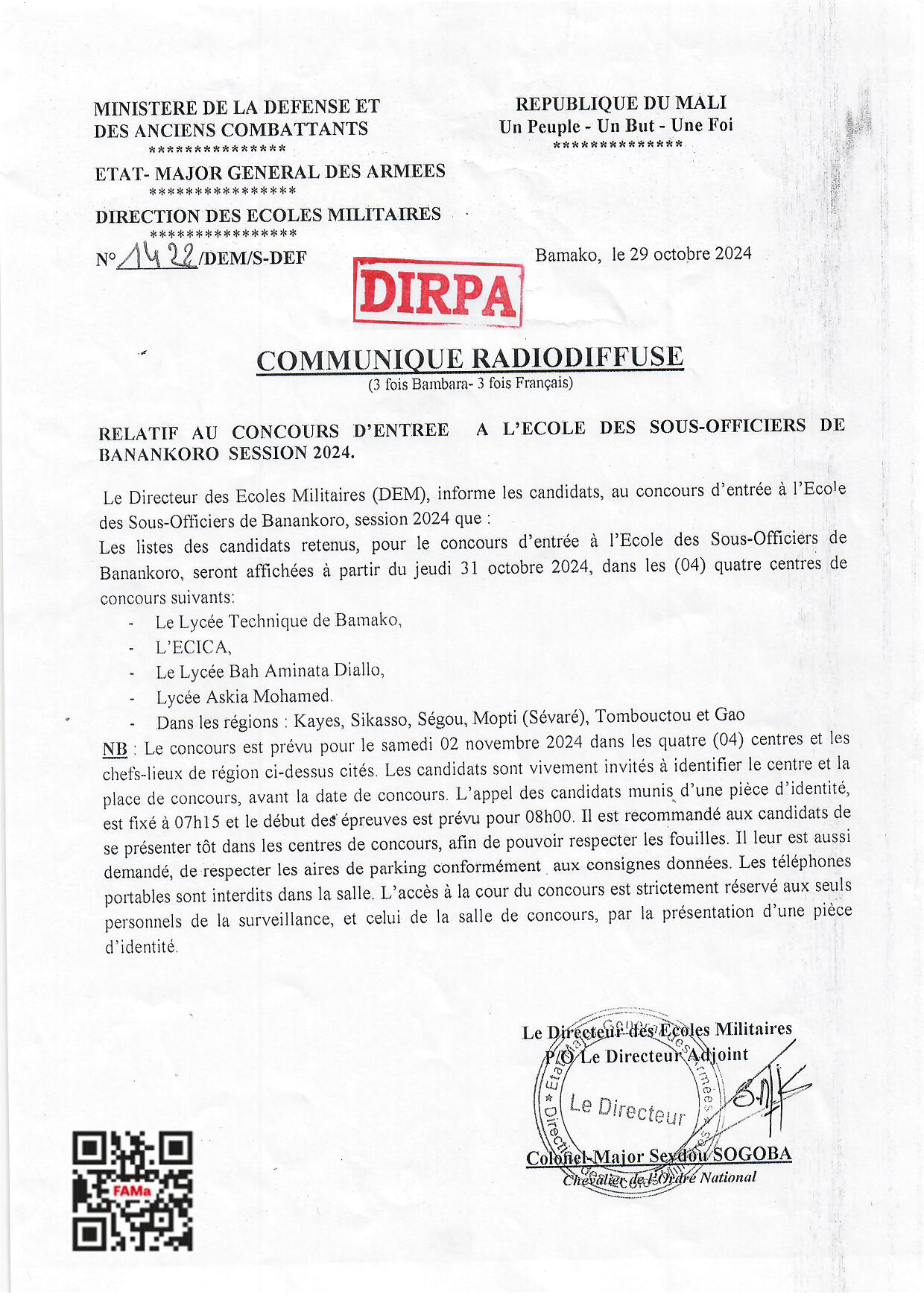  COMMUNIQUE RADIODIFFUSE