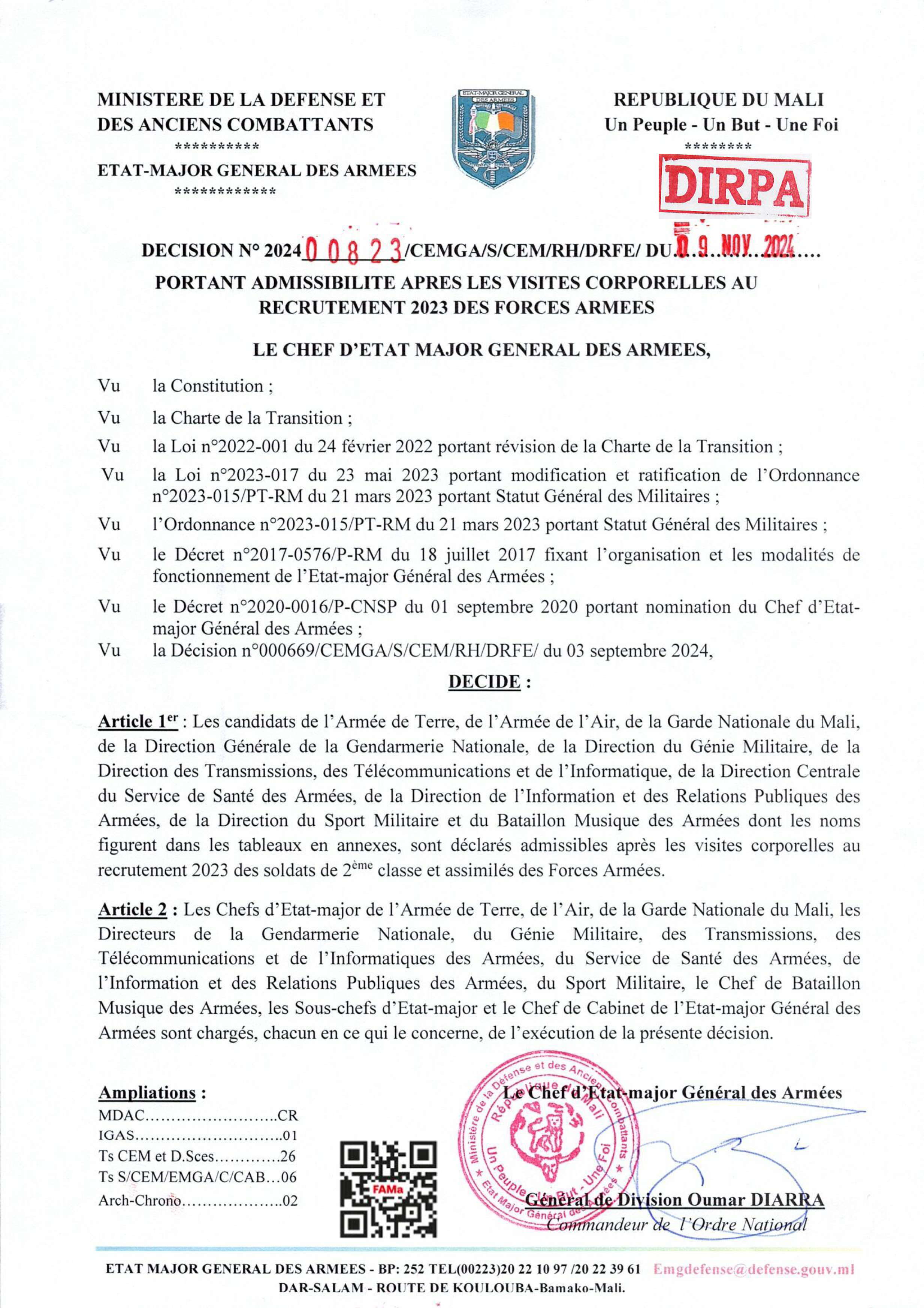  LISTE DES ADMIS APRES LES VISITES CORPORELLES AU RECRUTEMENT 2023. GRM GENIE DTTIA