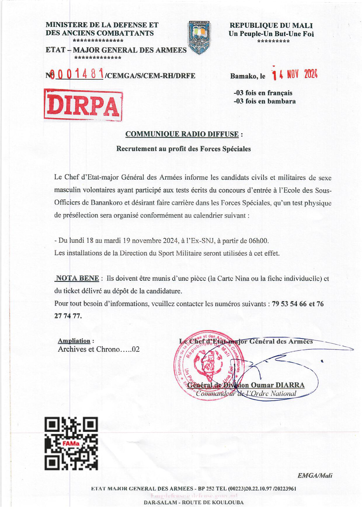  COMMUNIQUE DU CHEF D'ETAT-MAJOR GENERAL DES ARMEES