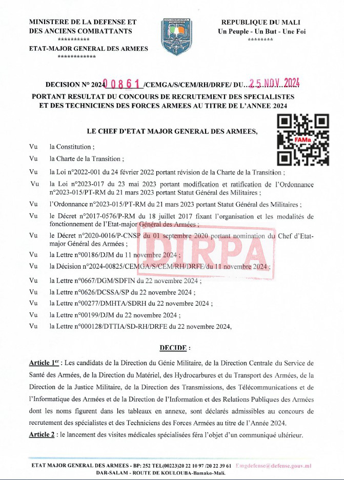  RESULTAT DU CONCOURS DE RECRUTREMENT DES SPECIALISTES ET DES TECHNICIENS DU GENIE MILITAIRE (Admis Provisoire)