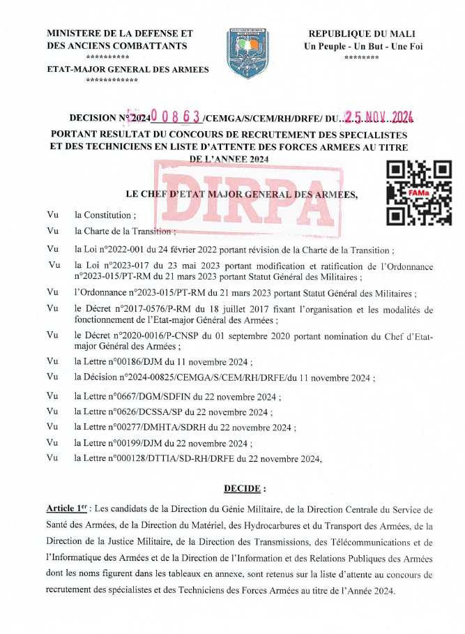  RESULTAT DU CONCOURS DE RECRUTREMENT DES SPECIALISTES ET DES TECHNICIENS DE LA DTTIA (Liste d'attente)