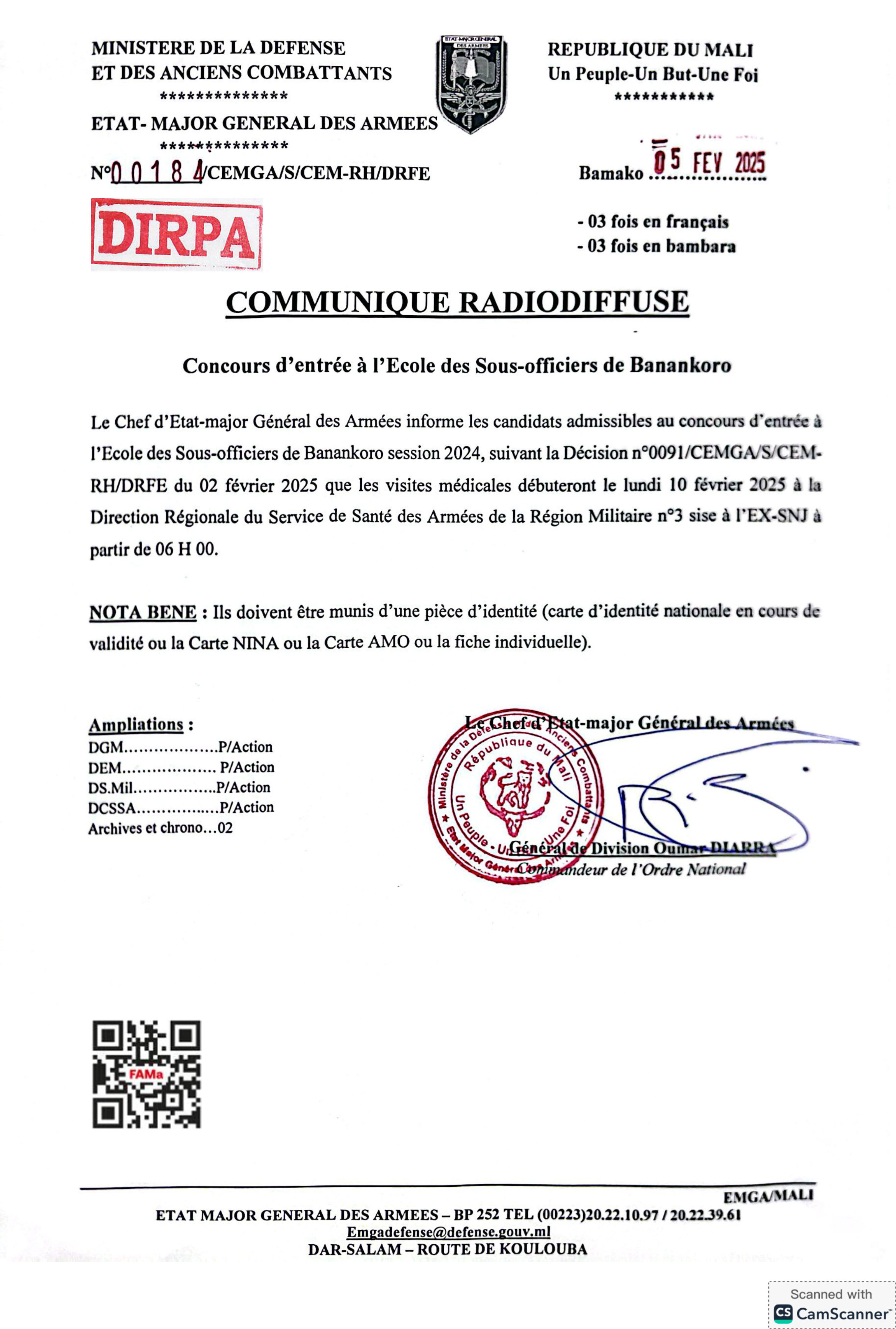  Le Chef d'Etat-major Général des Armées informe les candidats admissibles au concours d'entrée à l'ESO session 2024 que les visites médicales débuteront le lundi 10 février 2025