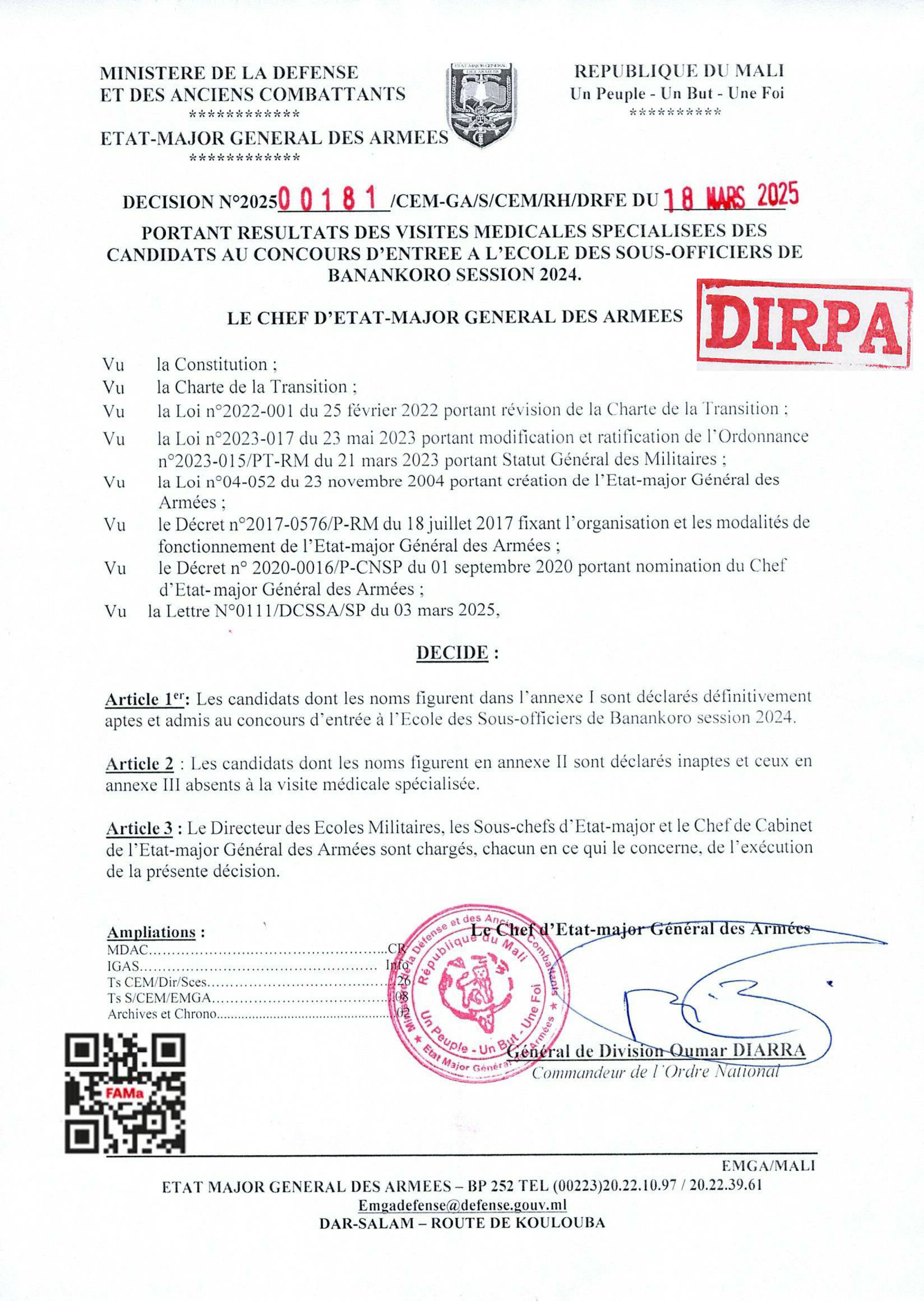  RESULTAT DES CANDIDATS AU CONCOURS D'ENTREE A L'ECOLE DES SOUS-OFFICIERS DE BANANKORO SESSION 2024