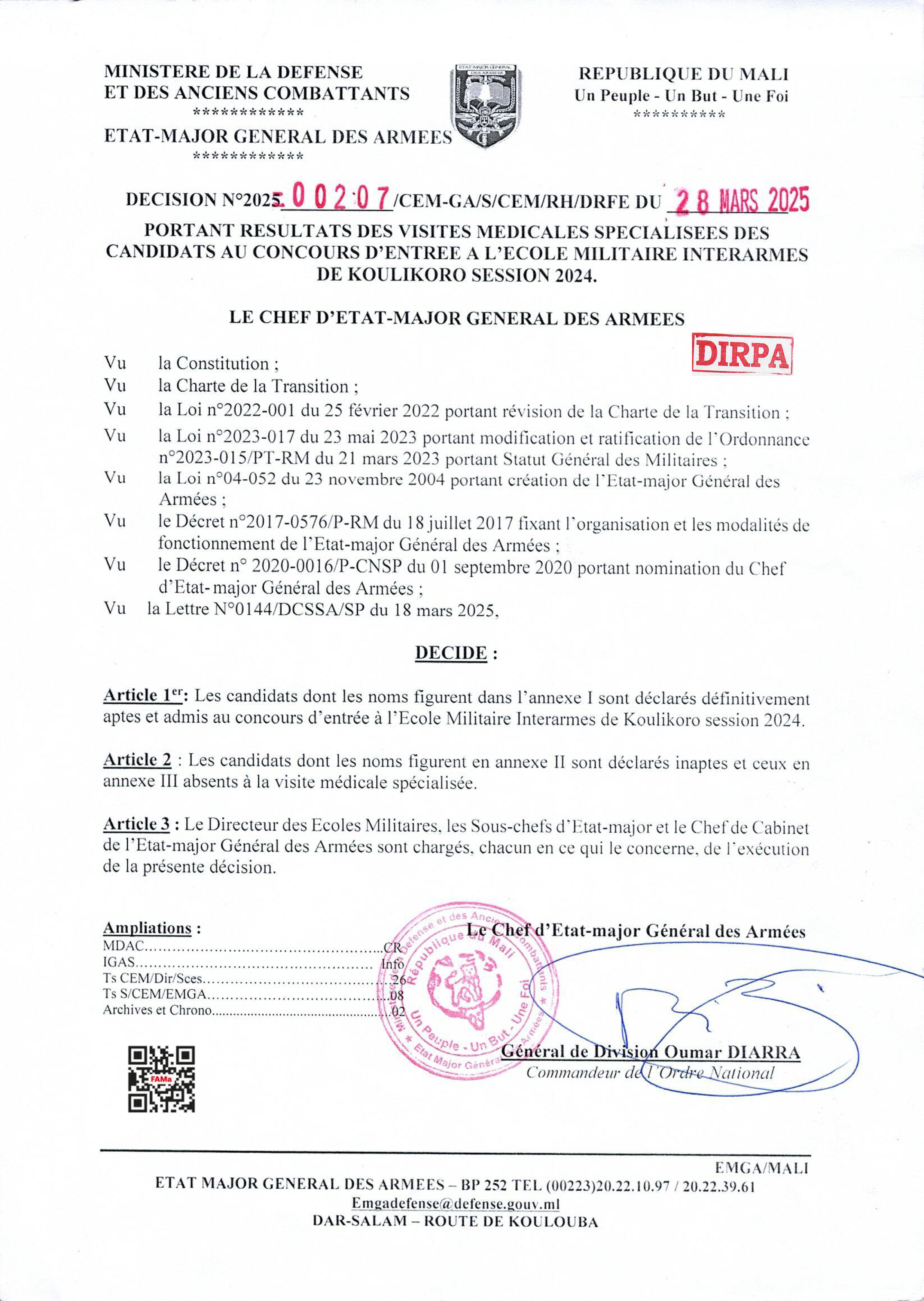  COMMUNIQUE PORTANT RESULTATS  DES INAPTES AU CONCOURS D'ENTRE A L'ECOLE MILITAIRE INTERARMES DE KOULIKORO SESSION 2024