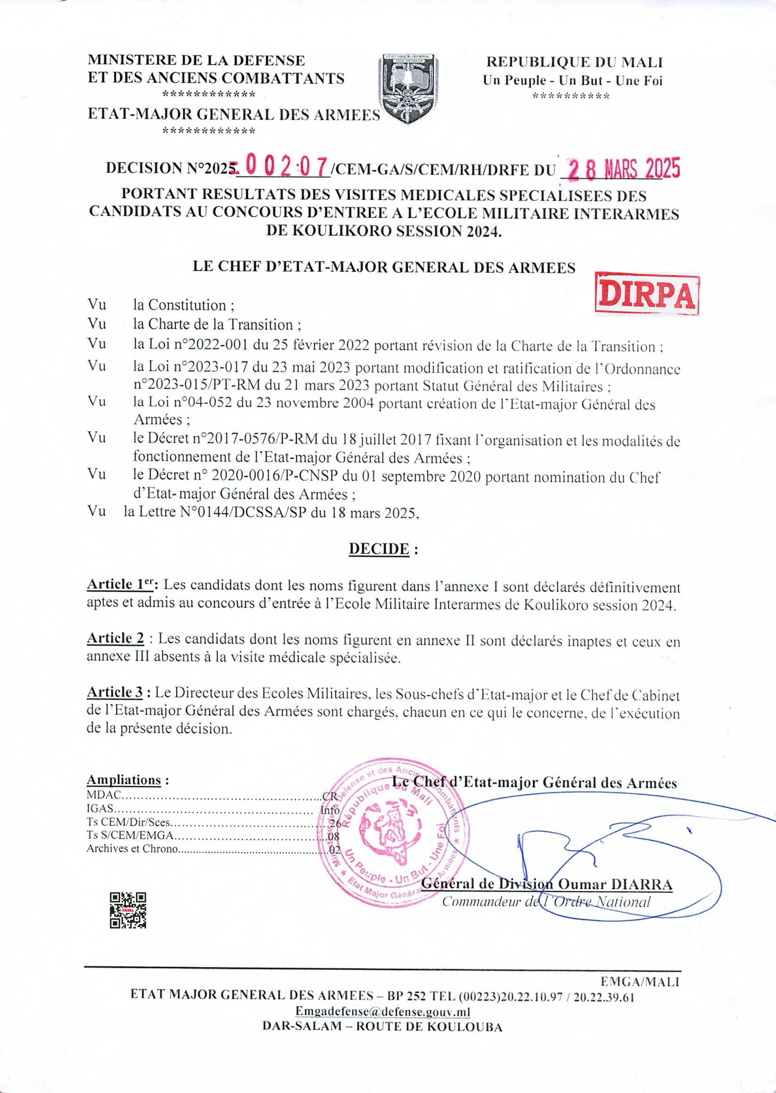  COMMUNIQUE PORTANT DES RESULTATS DEFINITIVES DES CANDIDATS AU CONCOURS D'ENTRE A L'ECOLE MILITAIRE INTERARMES DE KOULIKORO SESSION 2024