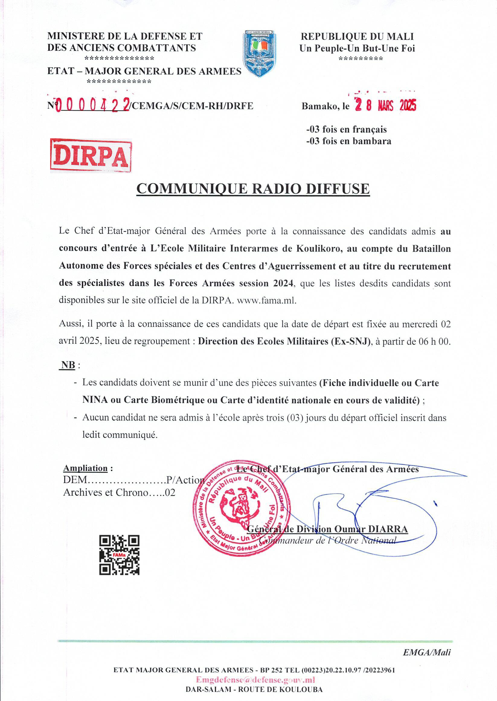  COMMUNIQUE RADIO DIFFUSE DES RESULTATS EMIA SESSION 2024